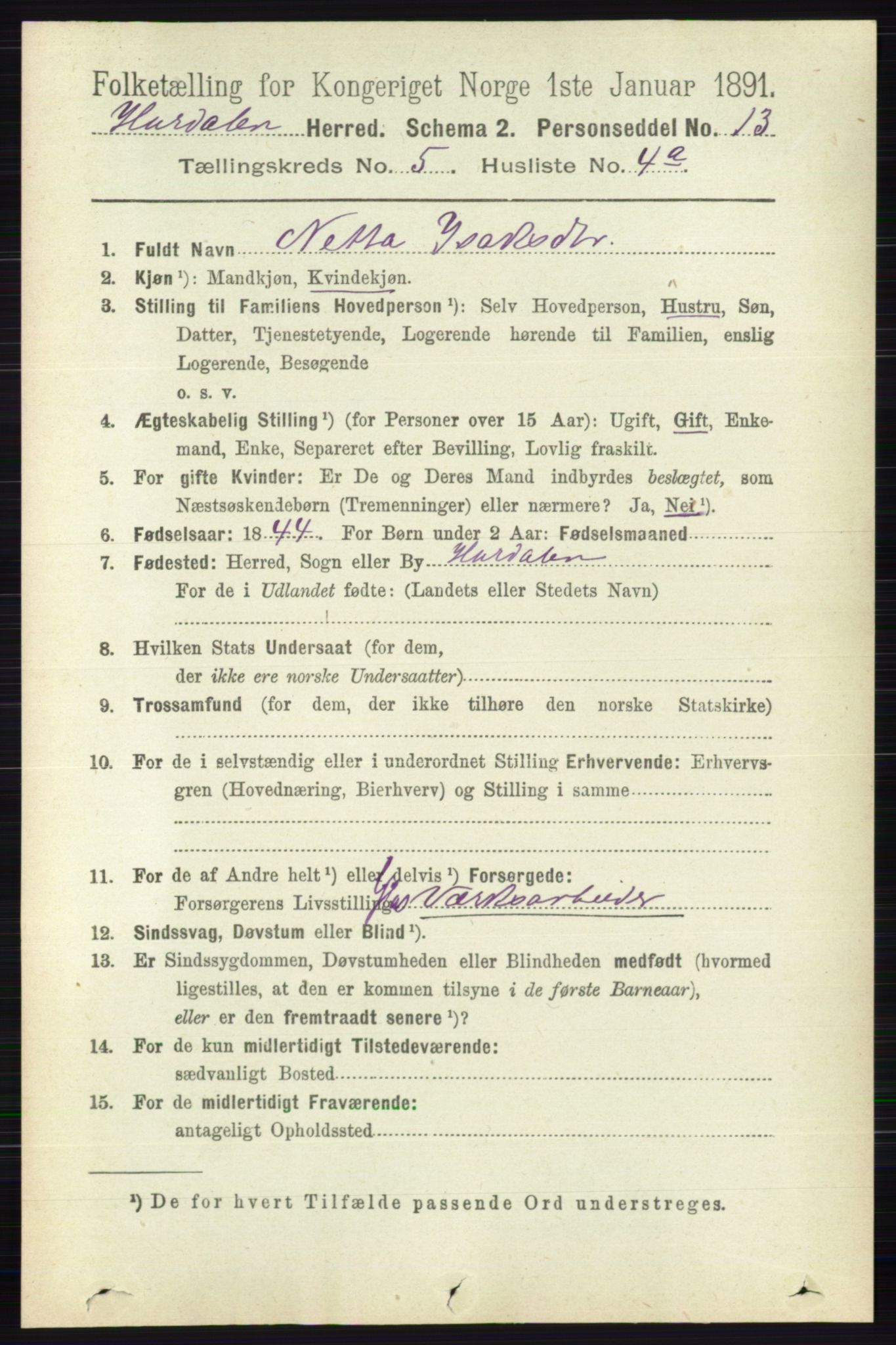 RA, 1891 census for 0239 Hurdal, 1891, p. 2052