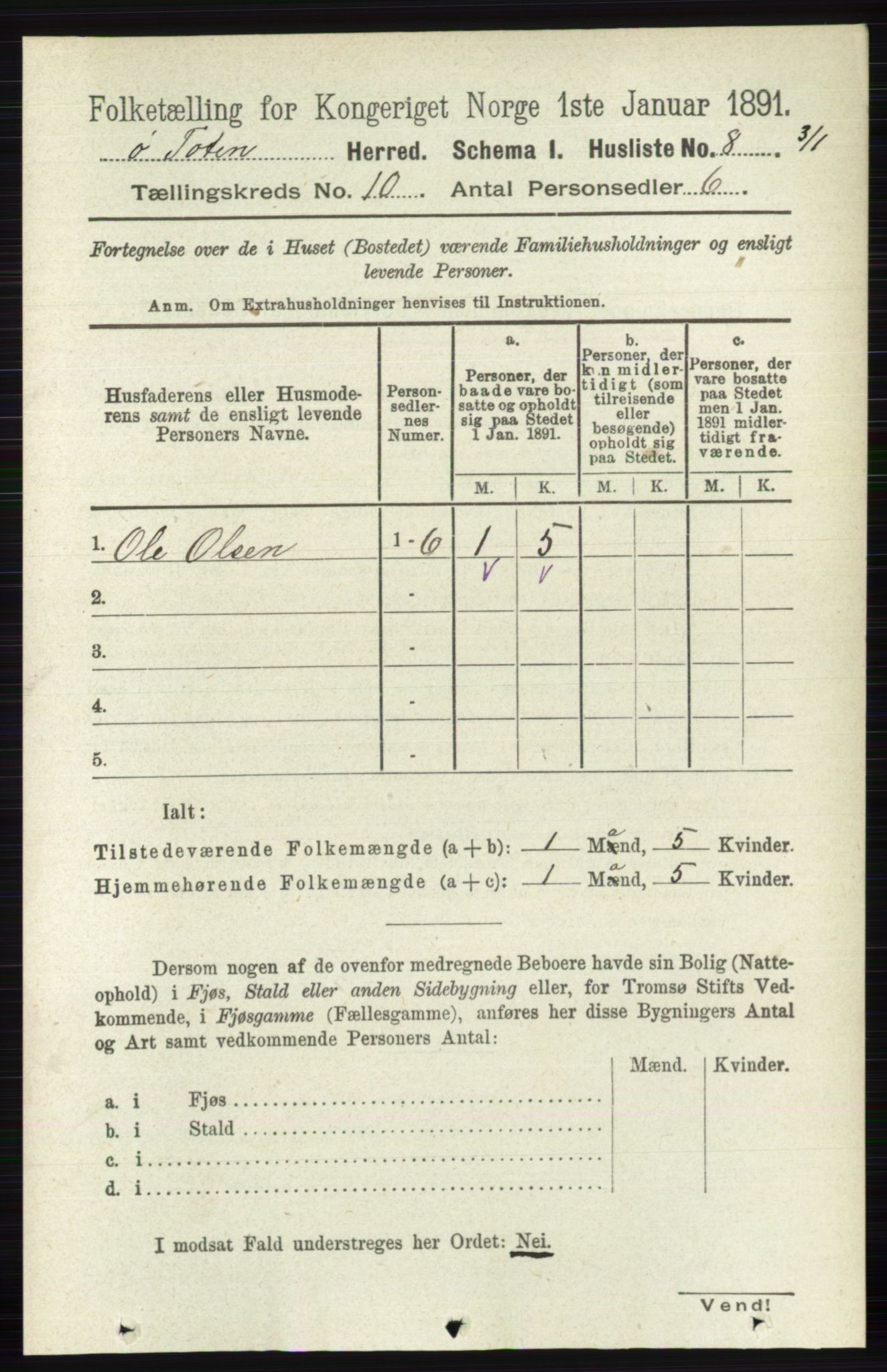 RA, 1891 census for 0528 Østre Toten, 1891, p. 6300