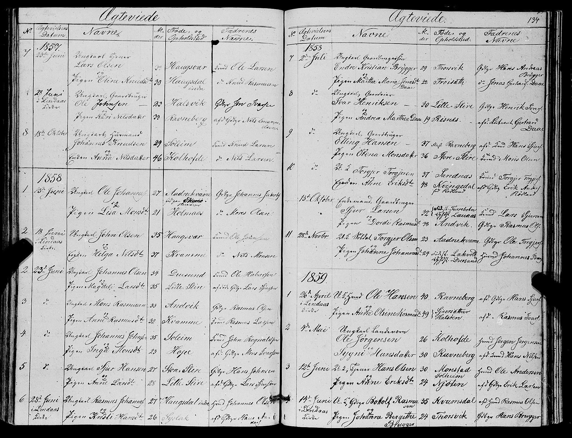 Masfjorden Sokneprestembete, SAB/A-77001: Parish register (copy) no. A 1, 1851-1875, p. 134