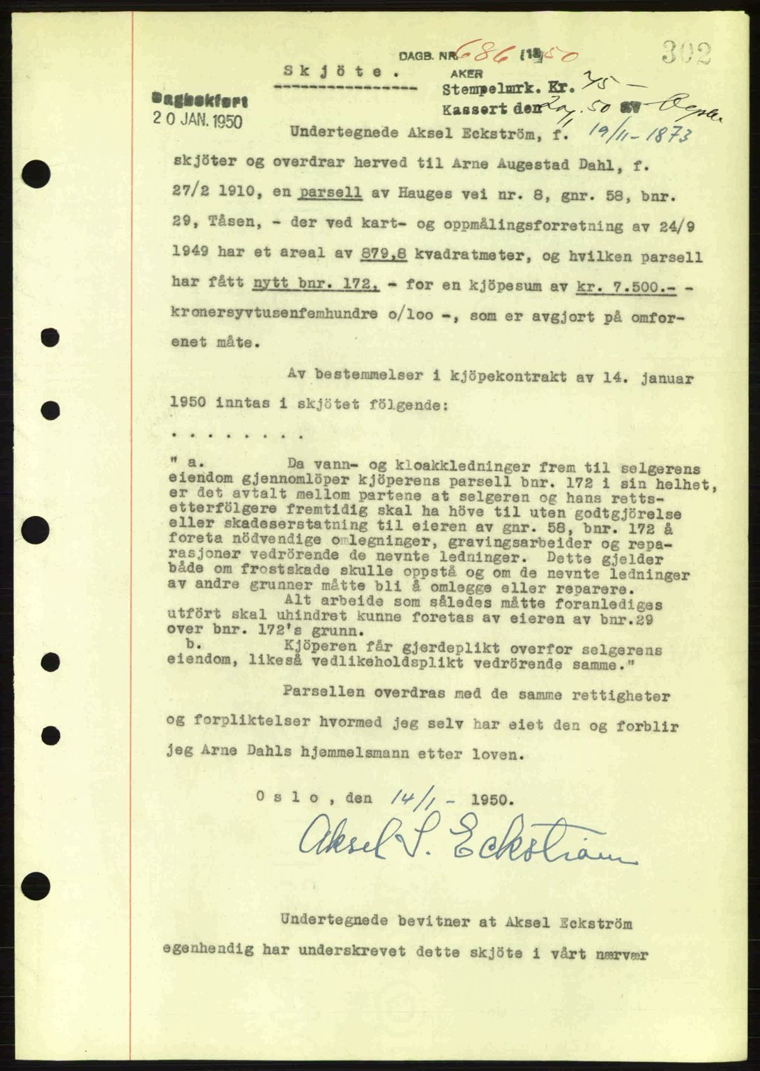Oslo byskriverembete, AV/SAO-A-10227/G/Gb/Gbd/Gbda/L0017: Mortgage book no. A215, 1949-1950, Diary no: : 686/1950