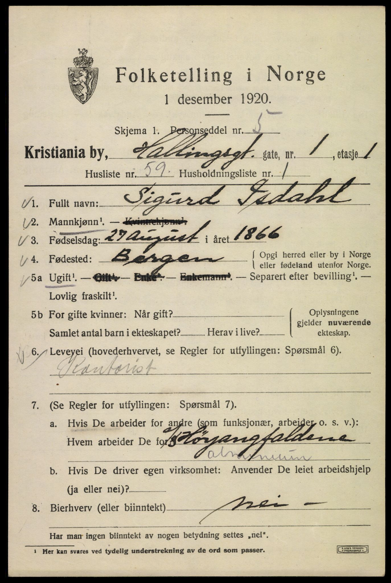 SAO, 1920 census for Kristiania, 1920, p. 267075