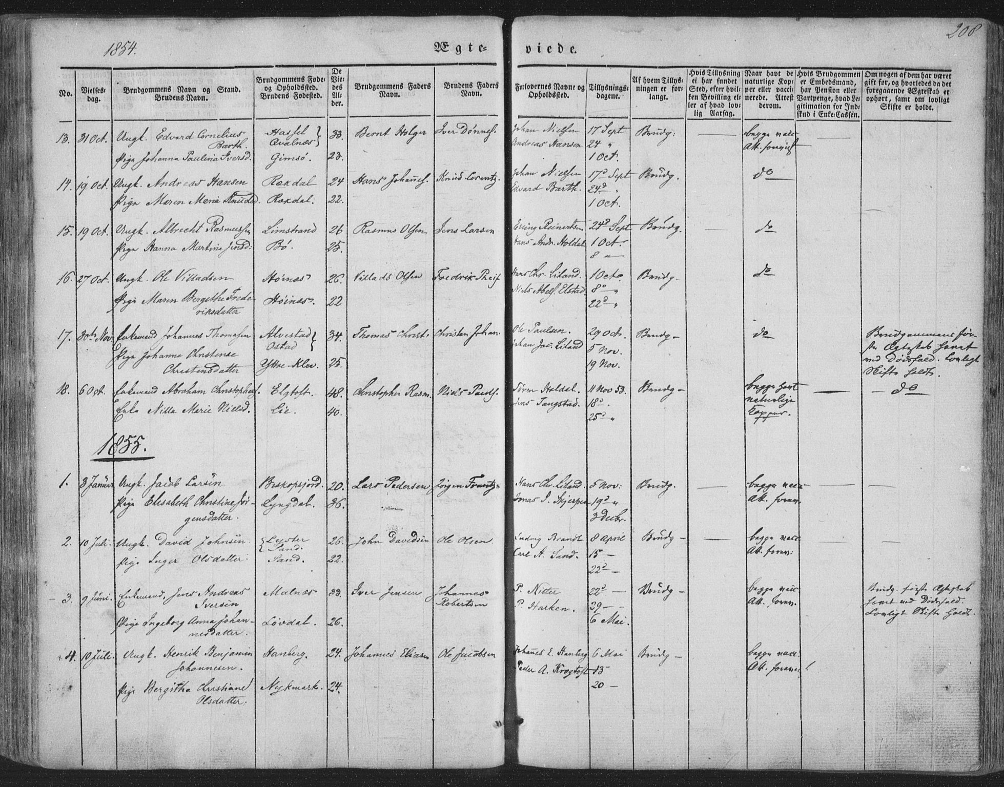 Ministerialprotokoller, klokkerbøker og fødselsregistre - Nordland, AV/SAT-A-1459/880/L1131: Parish register (official) no. 880A05, 1844-1868, p. 208