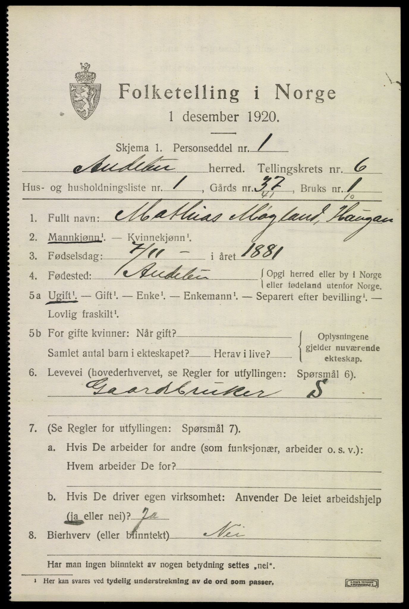 SAKO, 1920 census for Andebu, 1920, p. 2850