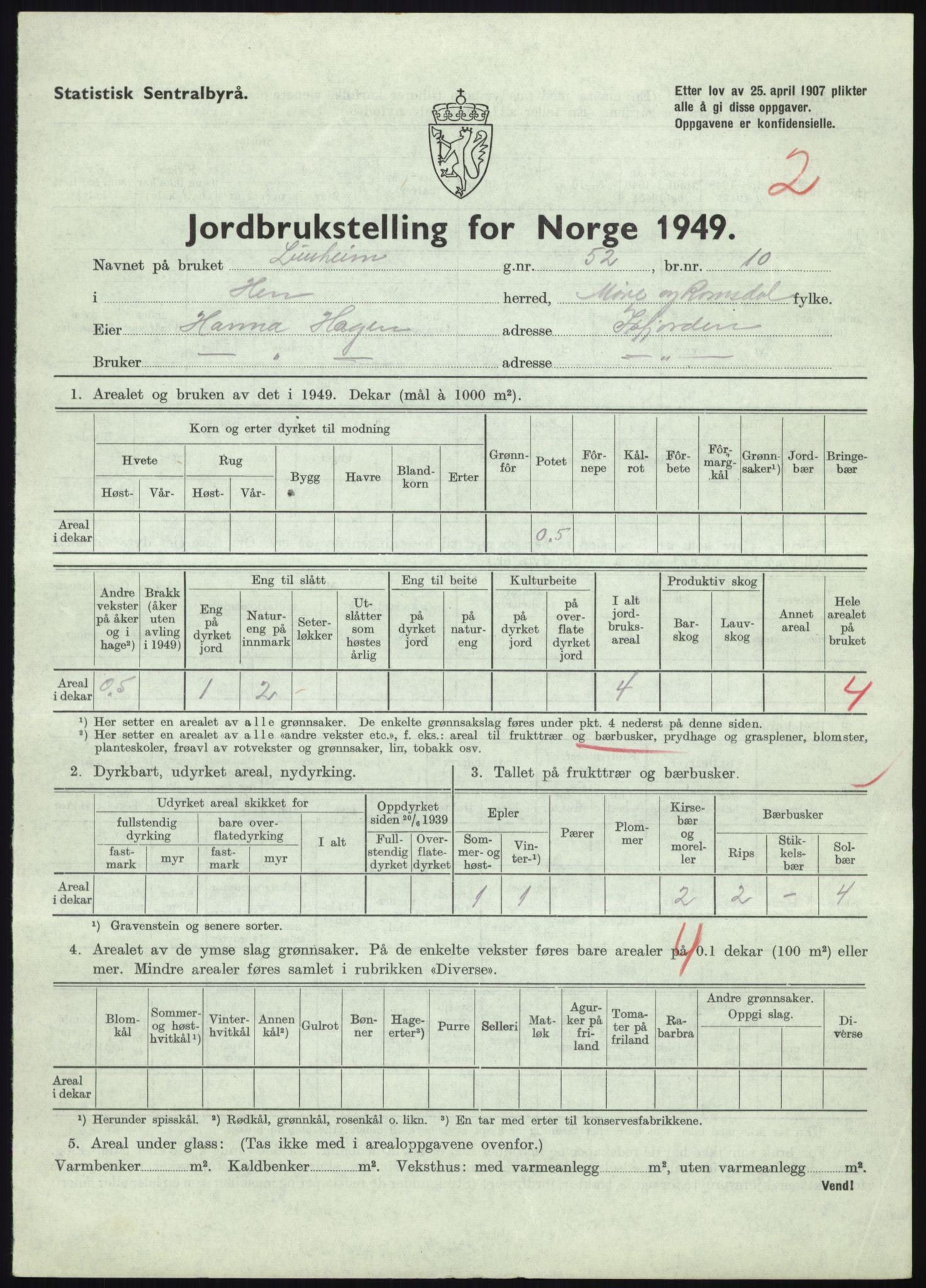 Statistisk sentralbyrå, Næringsøkonomiske emner, Jordbruk, skogbruk, jakt, fiske og fangst, AV/RA-S-2234/G/Gc/L0323: Møre og Romsdal: Grytten og Hen, 1949, p. 497