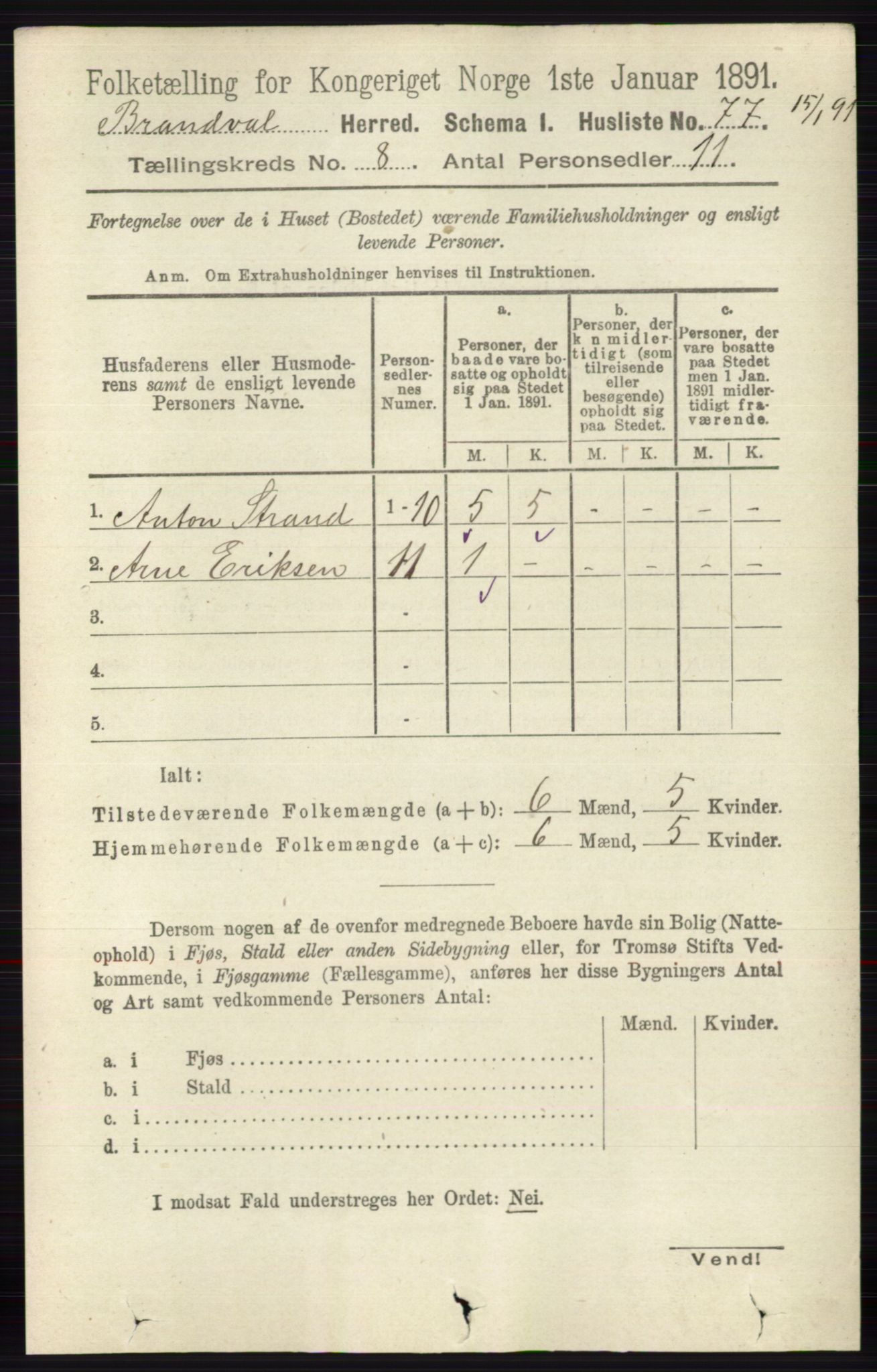 RA, 1891 census for 0422 Brandval, 1891, p. 3829