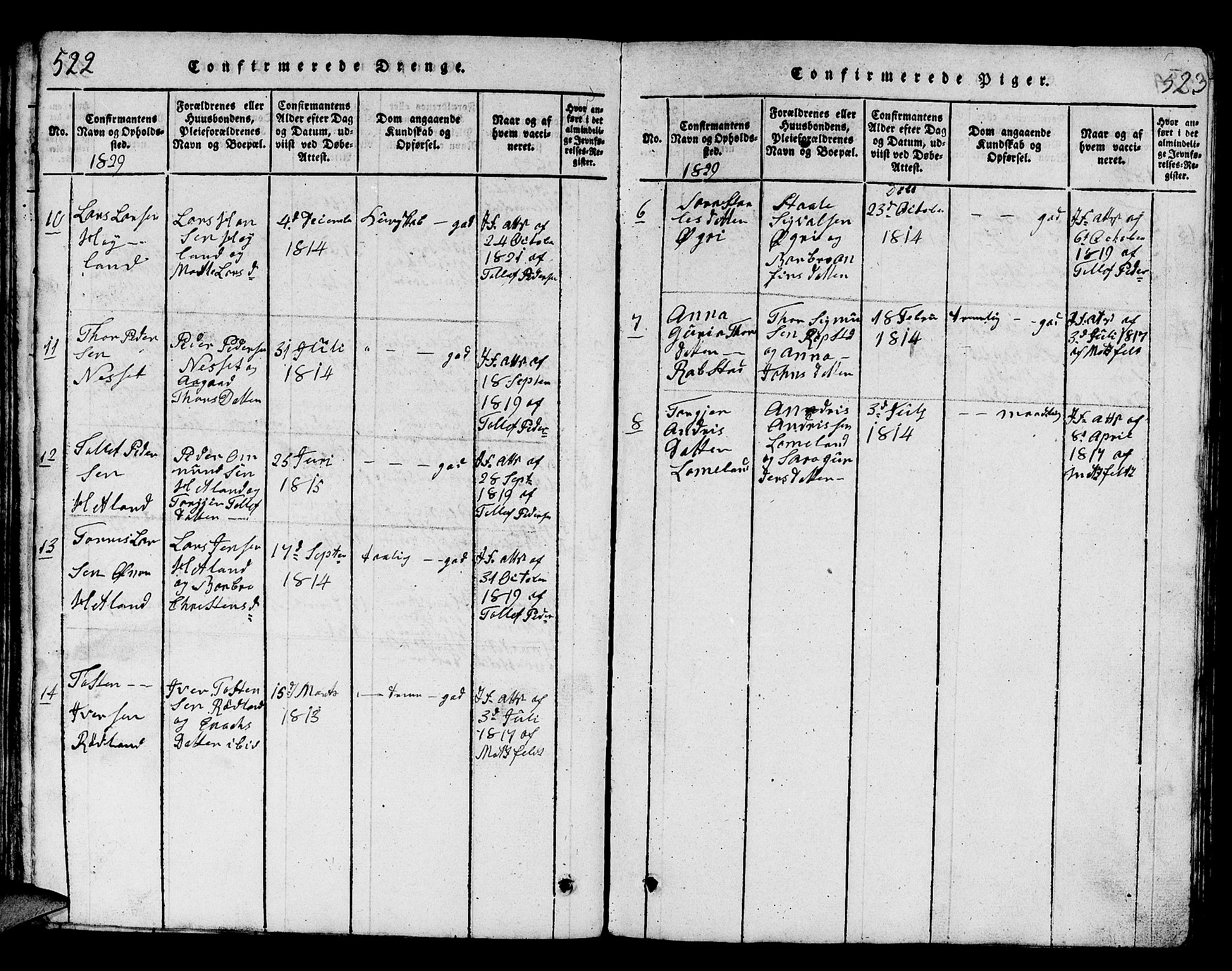 Helleland sokneprestkontor, SAST/A-101810: Parish register (copy) no. B 1, 1815-1841, p. 522-523