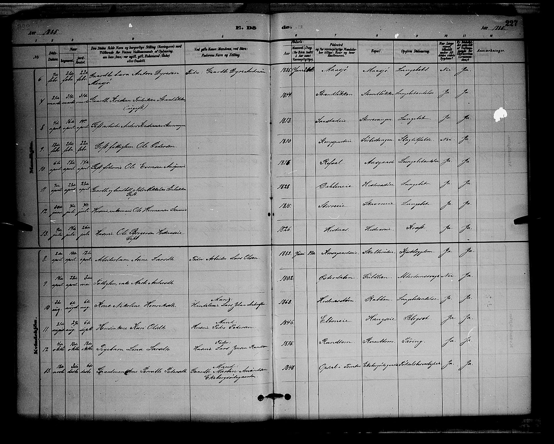 Stange prestekontor, AV/SAH-PREST-002/L/L0008: Parish register (copy) no. 8, 1882-1895, p. 227