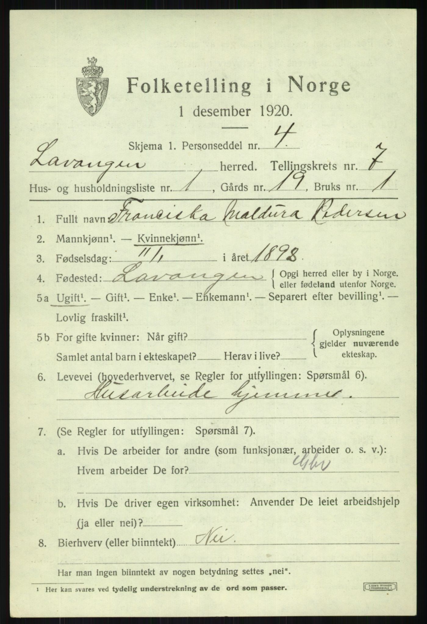 SATØ, 1920 census for Lavangen, 1920, p. 2685