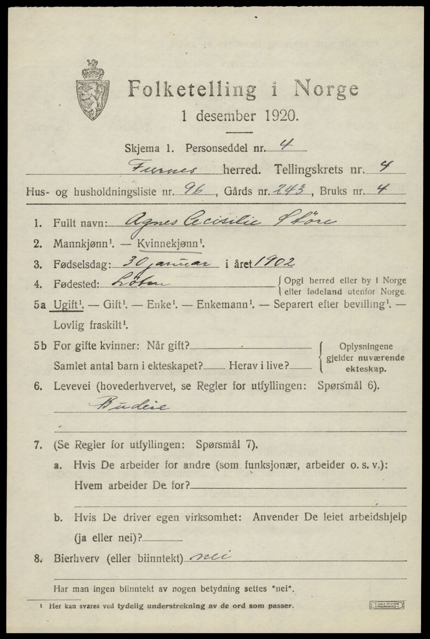 SAH, 1920 census for Furnes, 1920, p. 6973