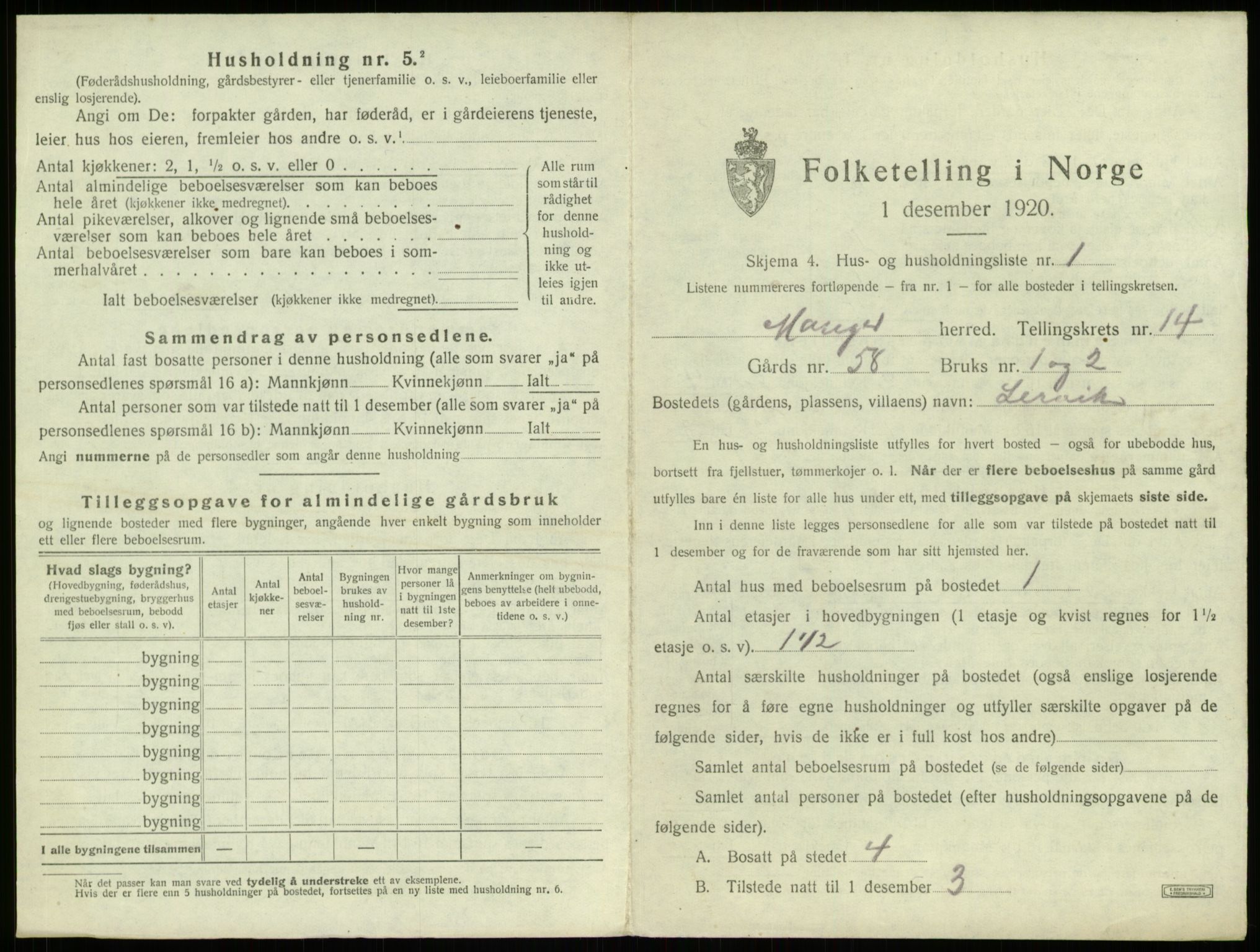 SAB, 1920 census for Manger, 1920, p. 1091