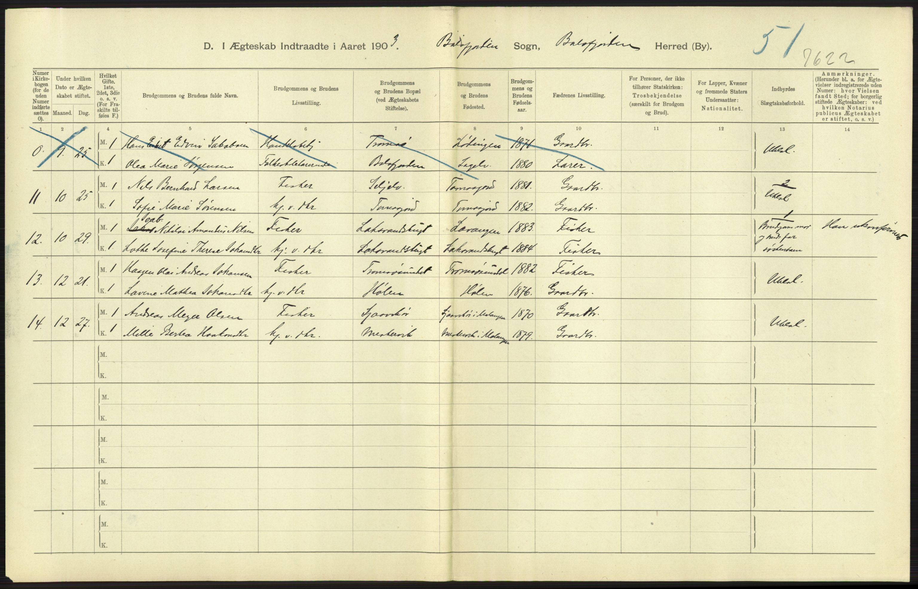 Statistisk sentralbyrå, Sosiodemografiske emner, Befolkning, AV/RA-S-2228/D/Df/Dfa/Dfaa/L0021: Tromsø amt: Fødte, gifte, døde., 1903, p. 321