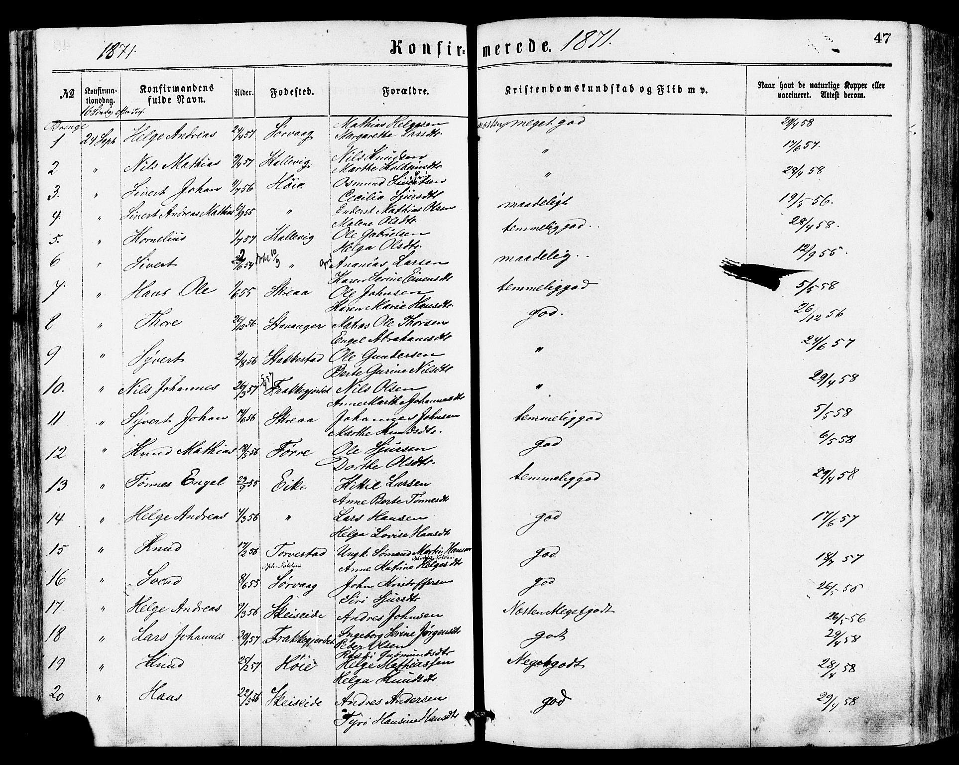 Avaldsnes sokneprestkontor, SAST/A -101851/H/Ha/Haa/L0012: Parish register (official) no. A 12, 1865-1880, p. 47
