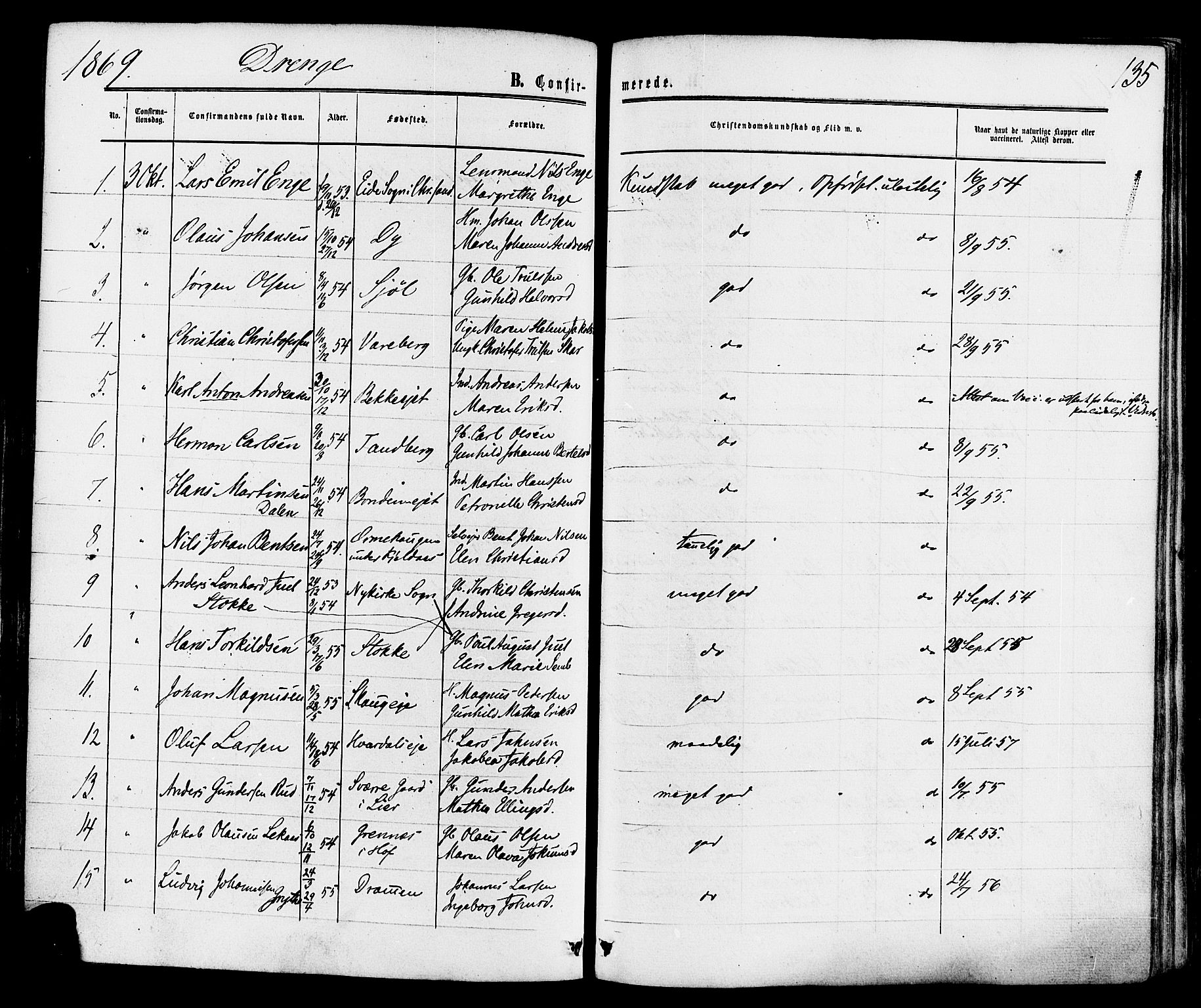 Sande Kirkebøker, SAKO/A-53/F/Fa/L0005: Parish register (official) no. 5, 1865-1877, p. 135