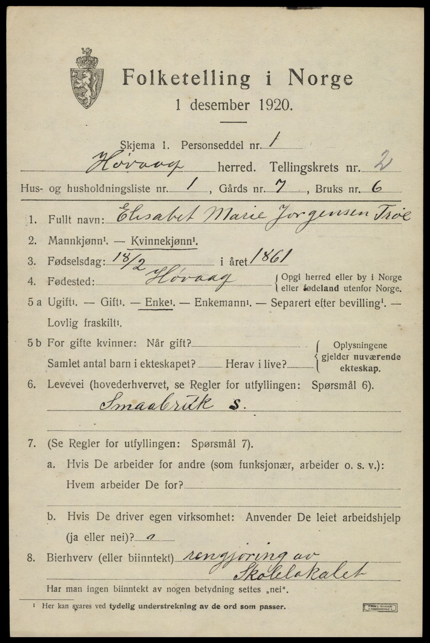 SAK, 1920 census for Høvåg, 1920, p. 1190