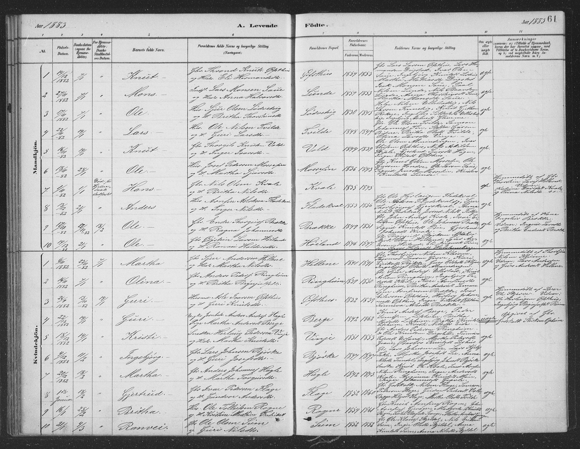 Voss sokneprestembete, SAB/A-79001/H/Hab: Parish register (copy) no. B 3, 1879-1894, p. 61