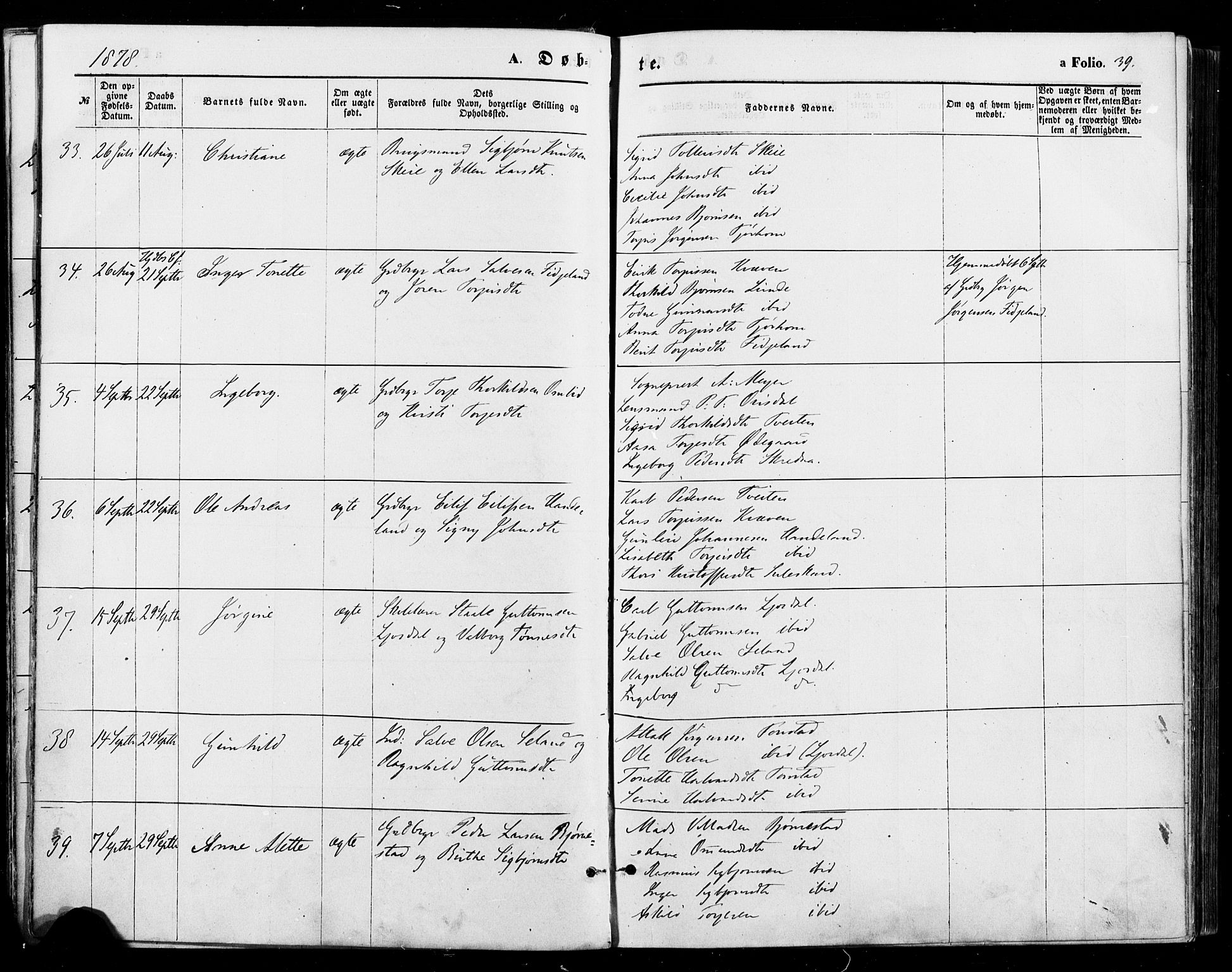 Sirdal sokneprestkontor, AV/SAK-1111-0036/F/Fa/Fab/L0003: Parish register (official) no. A 3, 1874-1886, p. 39