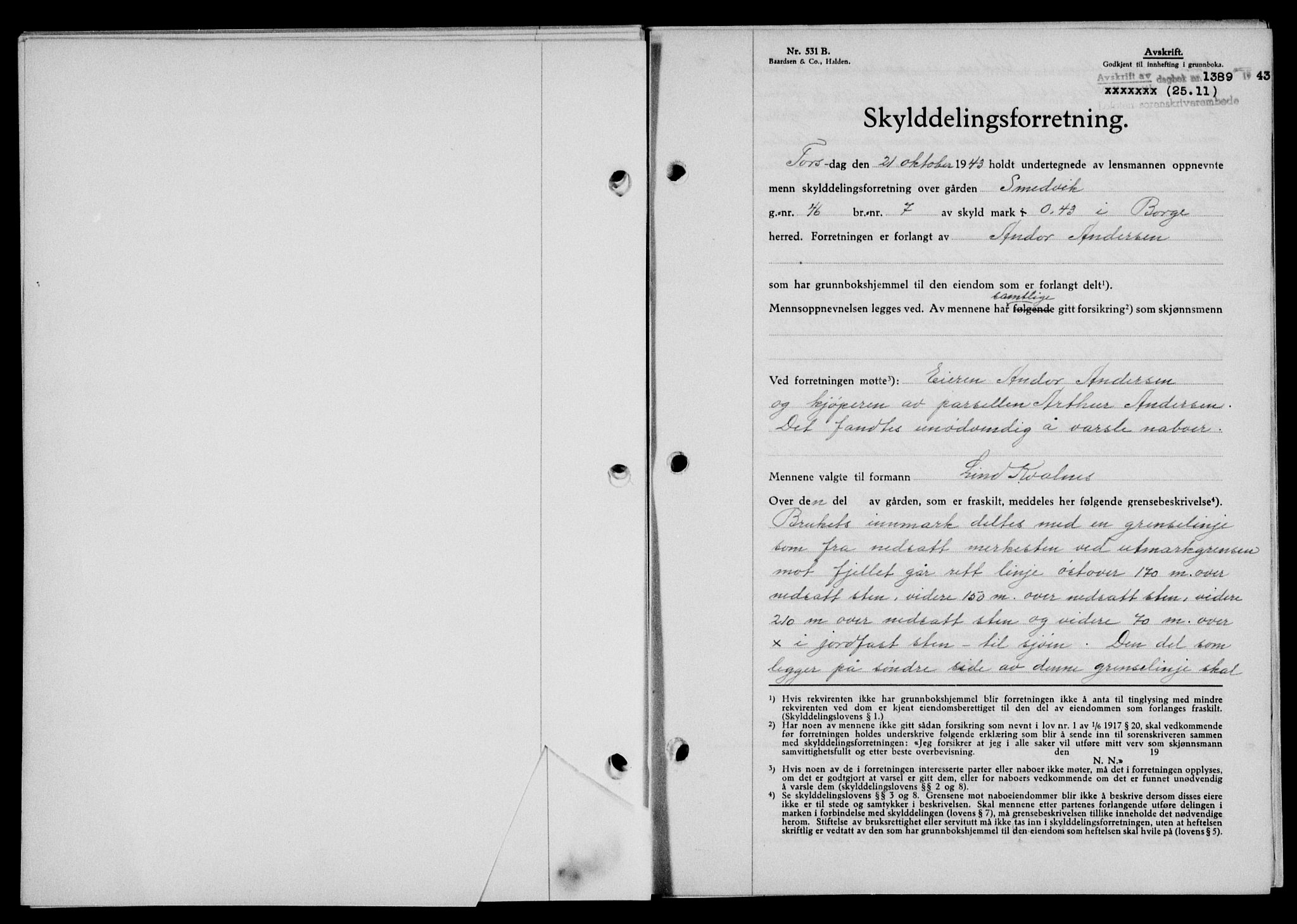 Lofoten sorenskriveri, SAT/A-0017/1/2/2C/L0011a: Mortgage book no. 11a, 1943-1943, Diary no: : 1389/1943