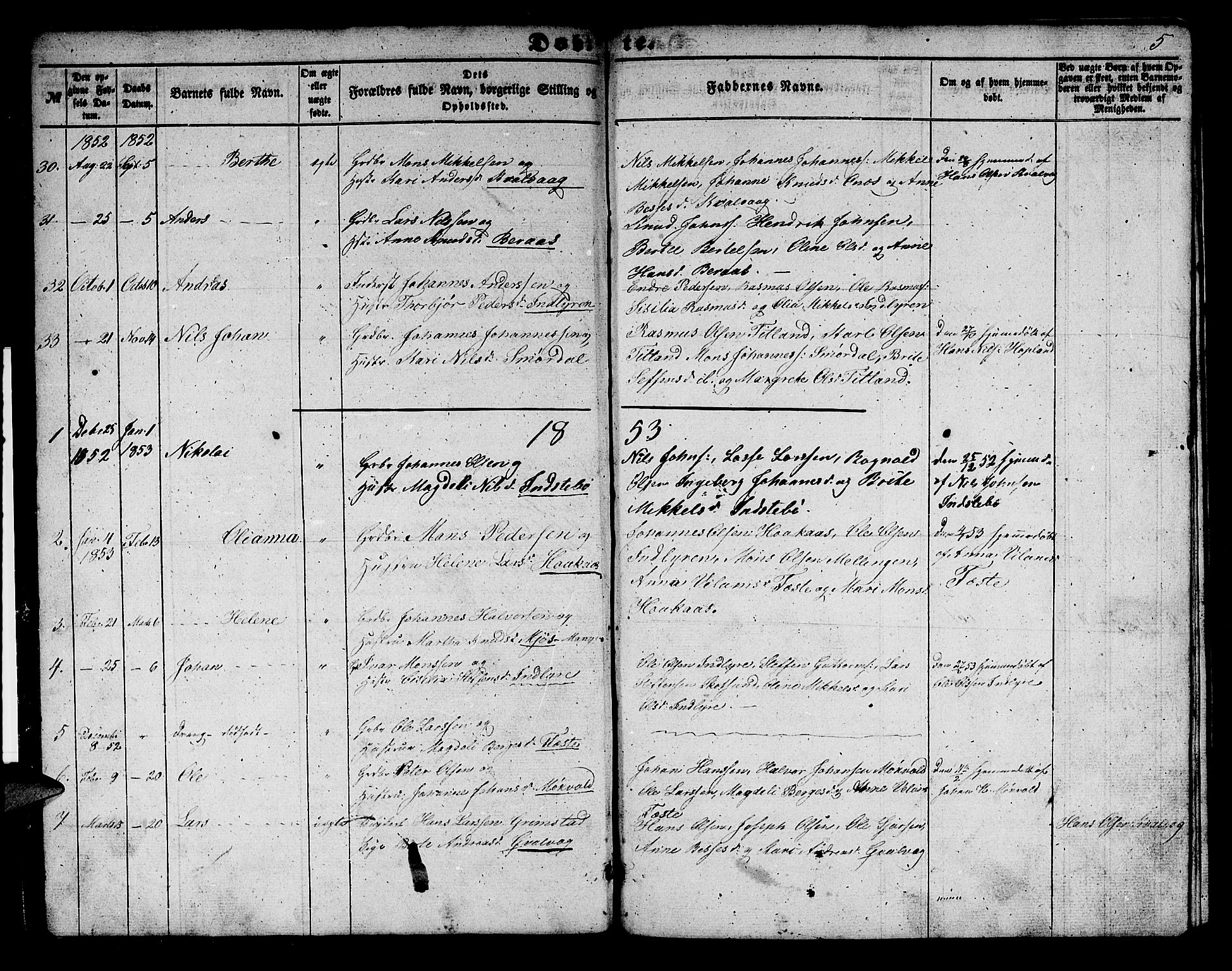 Alversund Sokneprestembete, SAB/A-73901/H/Ha/Hab: Parish register (copy) no. B 1, 1852-1865, p. 5