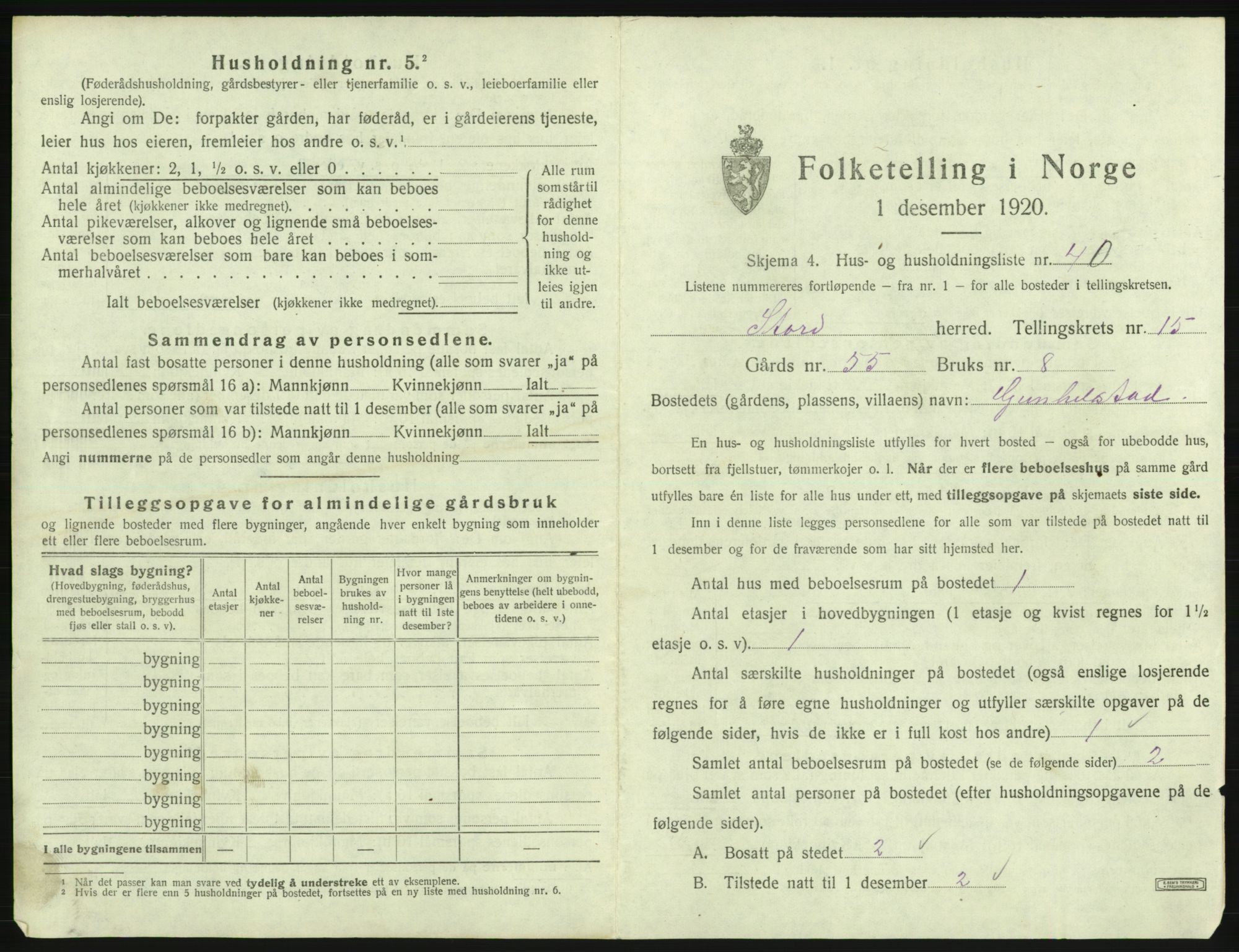 SAB, 1920 census for Stord, 1920, p. 1109