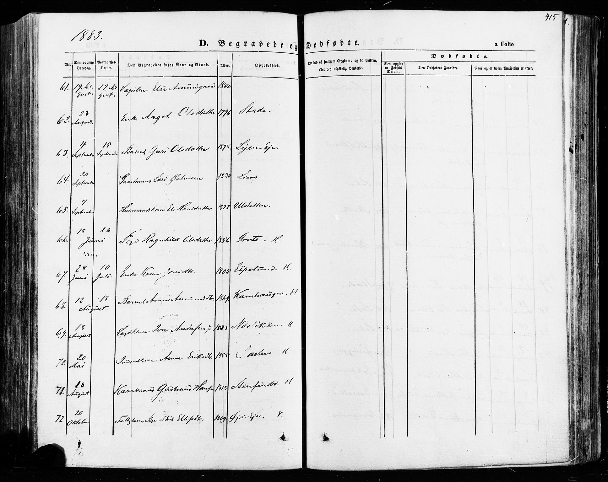 Vågå prestekontor, AV/SAH-PREST-076/H/Ha/Haa/L0007: Parish register (official) no. 7 /1, 1872-1886, p. 415