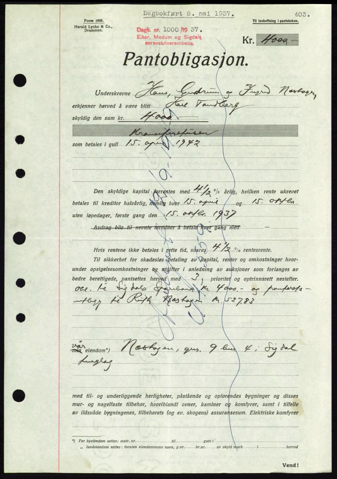 Eiker, Modum og Sigdal sorenskriveri, SAKO/A-123/G/Ga/Gab/L0035: Mortgage book no. A5, 1937-1937, Diary no: : 1000/1937