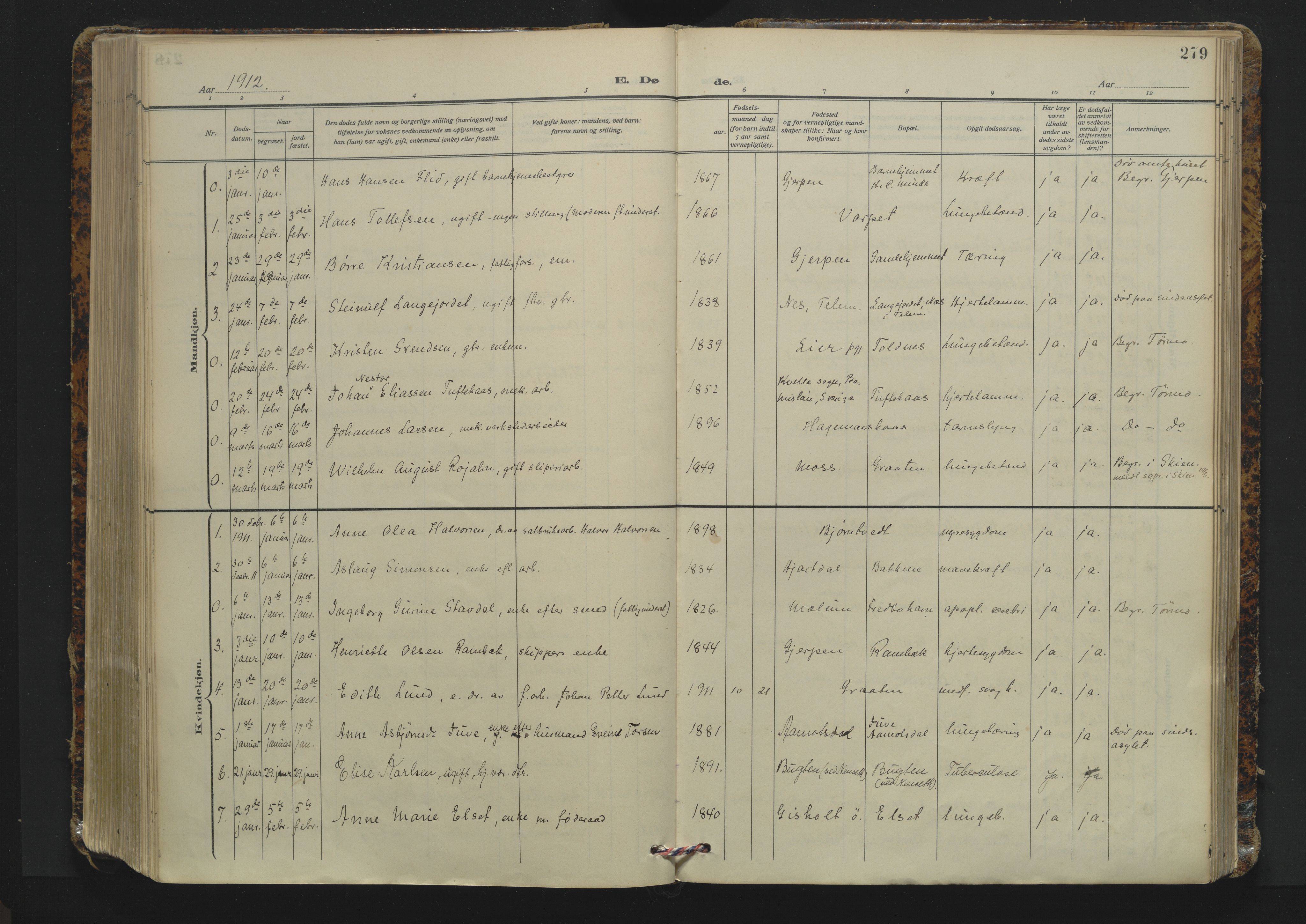 Solum kirkebøker, AV/SAKO-A-306/F/Fa/L0012: Parish register (official) no. I 12, 1909-1922, p. 279