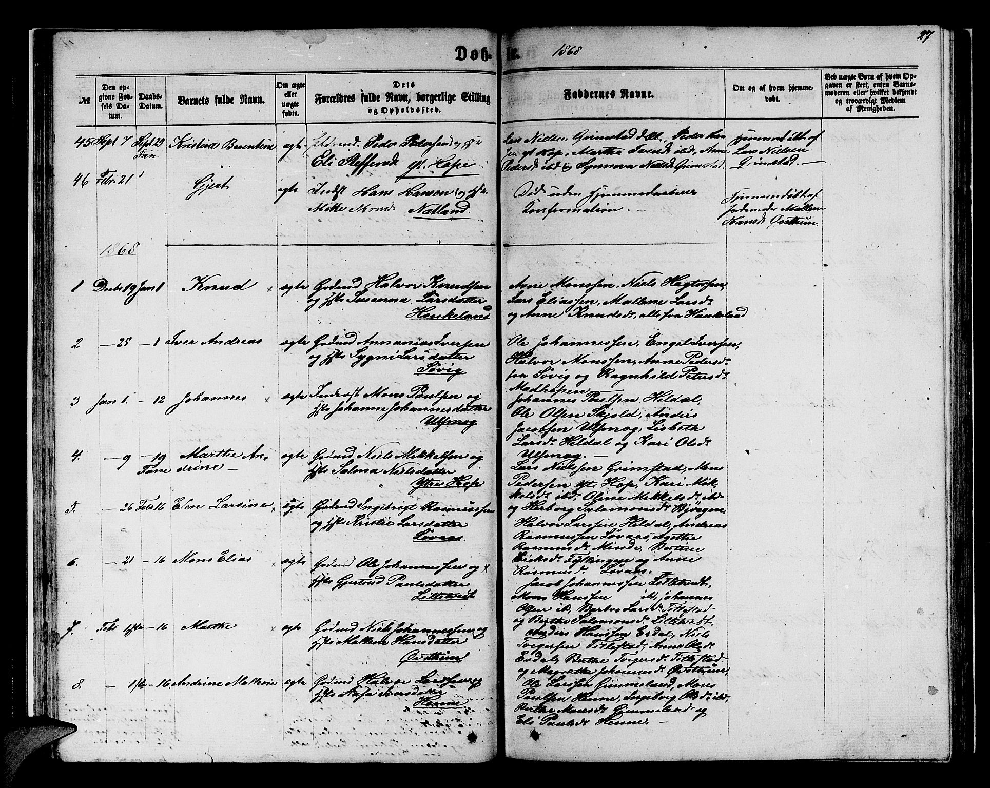 Birkeland Sokneprestembete, SAB/A-74601/H/Hab: Parish register (copy) no. A 2, 1863-1876, p. 27