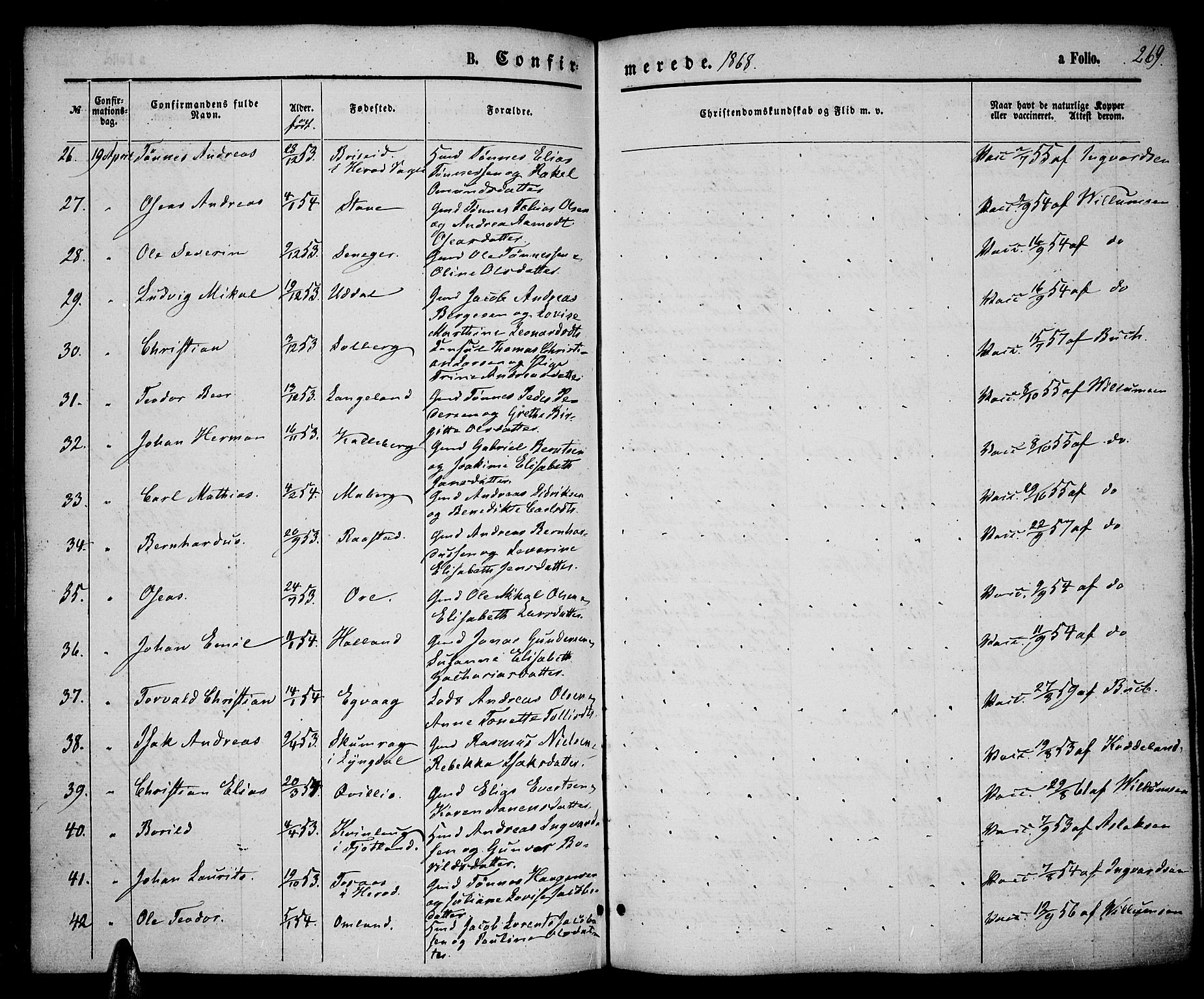 Lista sokneprestkontor, AV/SAK-1111-0027/F/Fb/L0003: Parish register (copy) no. B 3, 1862-1877, p. 269