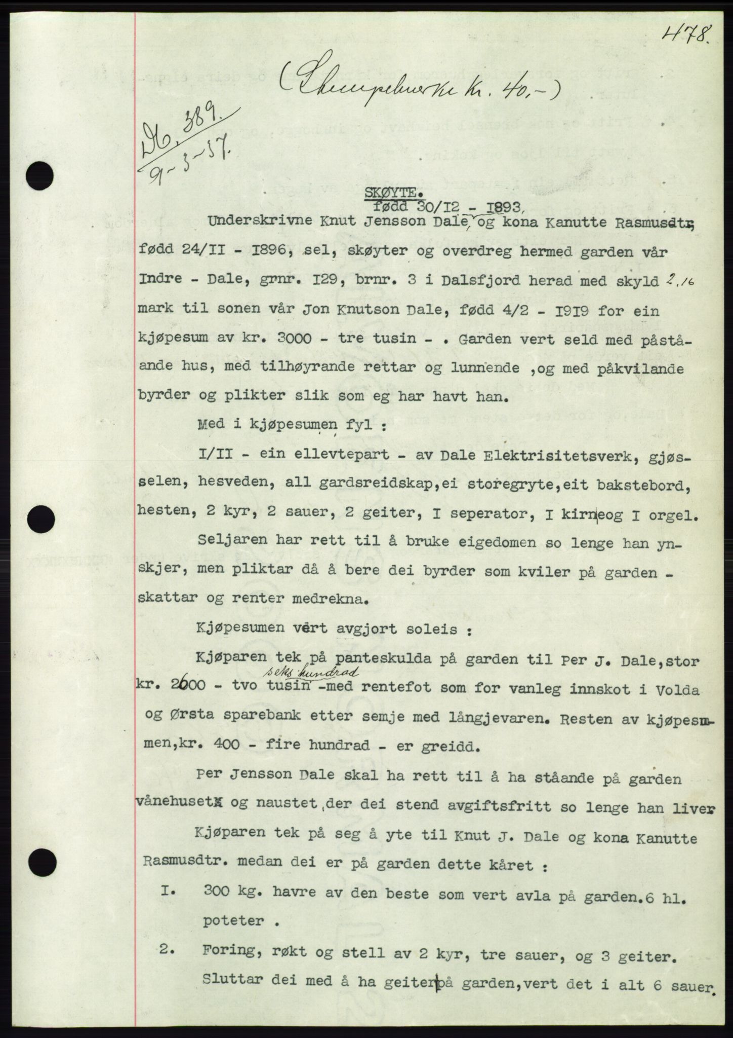 Søre Sunnmøre sorenskriveri, AV/SAT-A-4122/1/2/2C/L0062: Mortgage book no. 56, 1936-1937, Diary no: : 389/1937