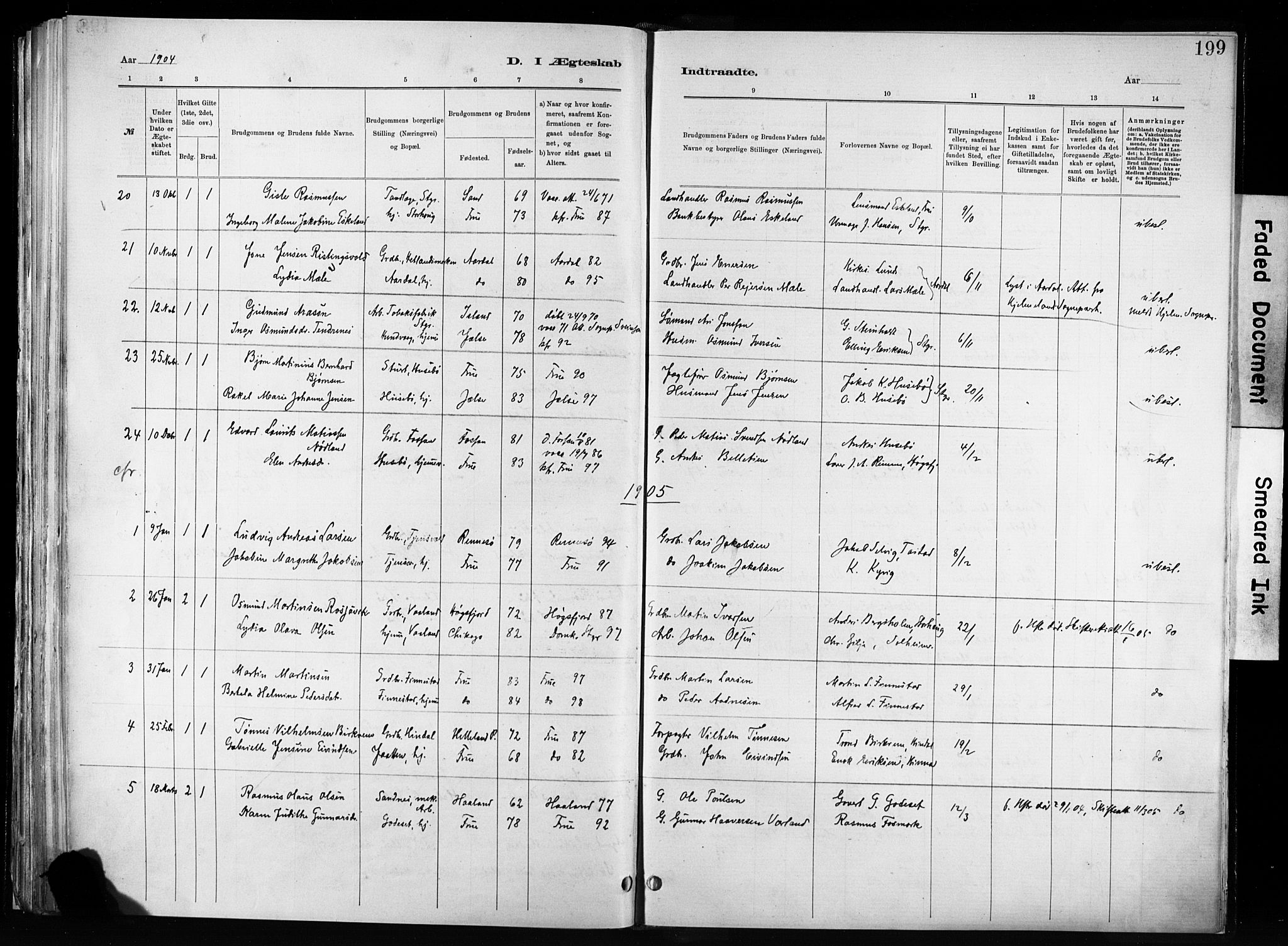 Hetland sokneprestkontor, SAST/A-101826/30/30BA/L0011: Parish register (official) no. A 11, 1884-1911, p. 199