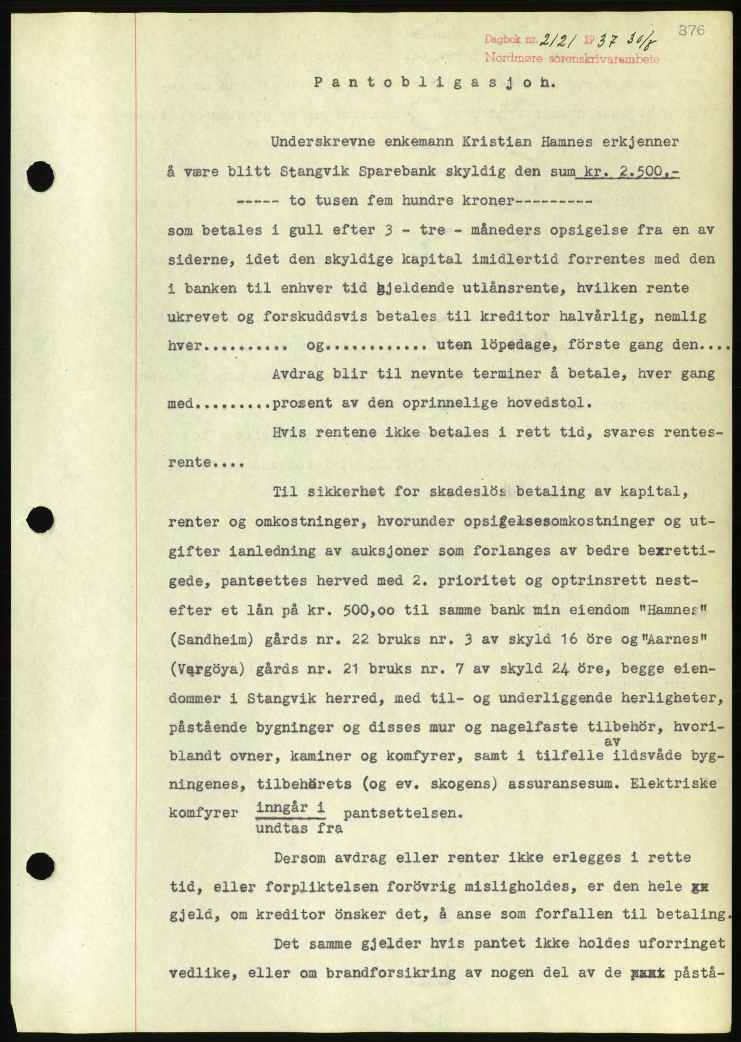 Nordmøre sorenskriveri, AV/SAT-A-4132/1/2/2Ca/L0091: Mortgage book no. B81, 1937-1937, Diary no: : 2121/1937