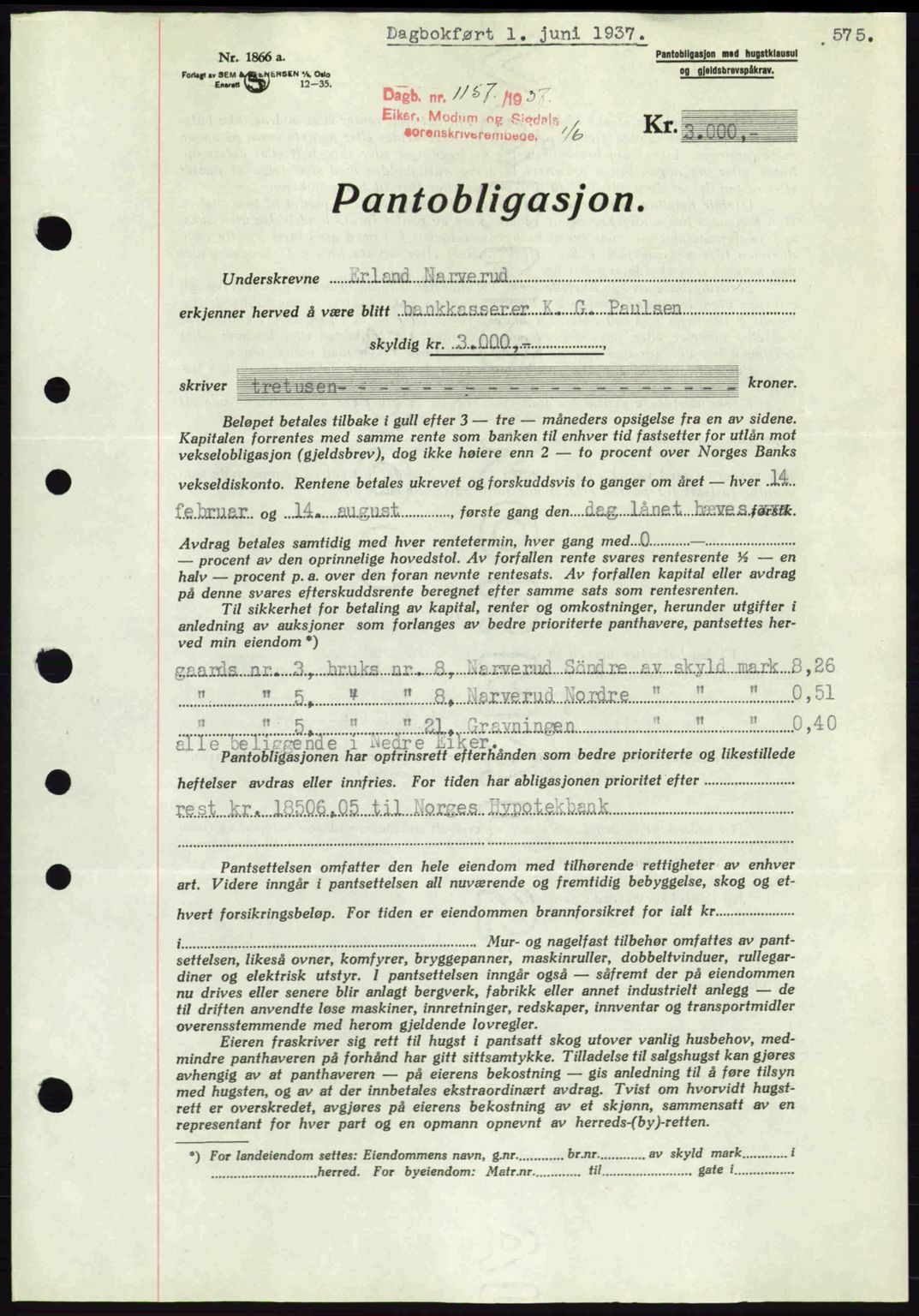 Eiker, Modum og Sigdal sorenskriveri, SAKO/A-123/G/Ga/Gab/L0035: Mortgage book no. A5, 1937-1937, Diary no: : 1157/1937