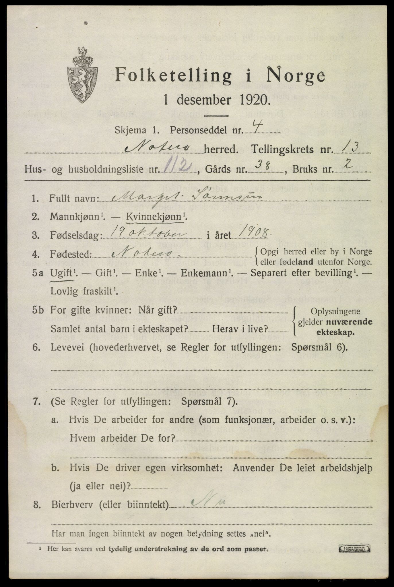 SAKO, 1920 census for Nøtterøy, 1920, p. 16279