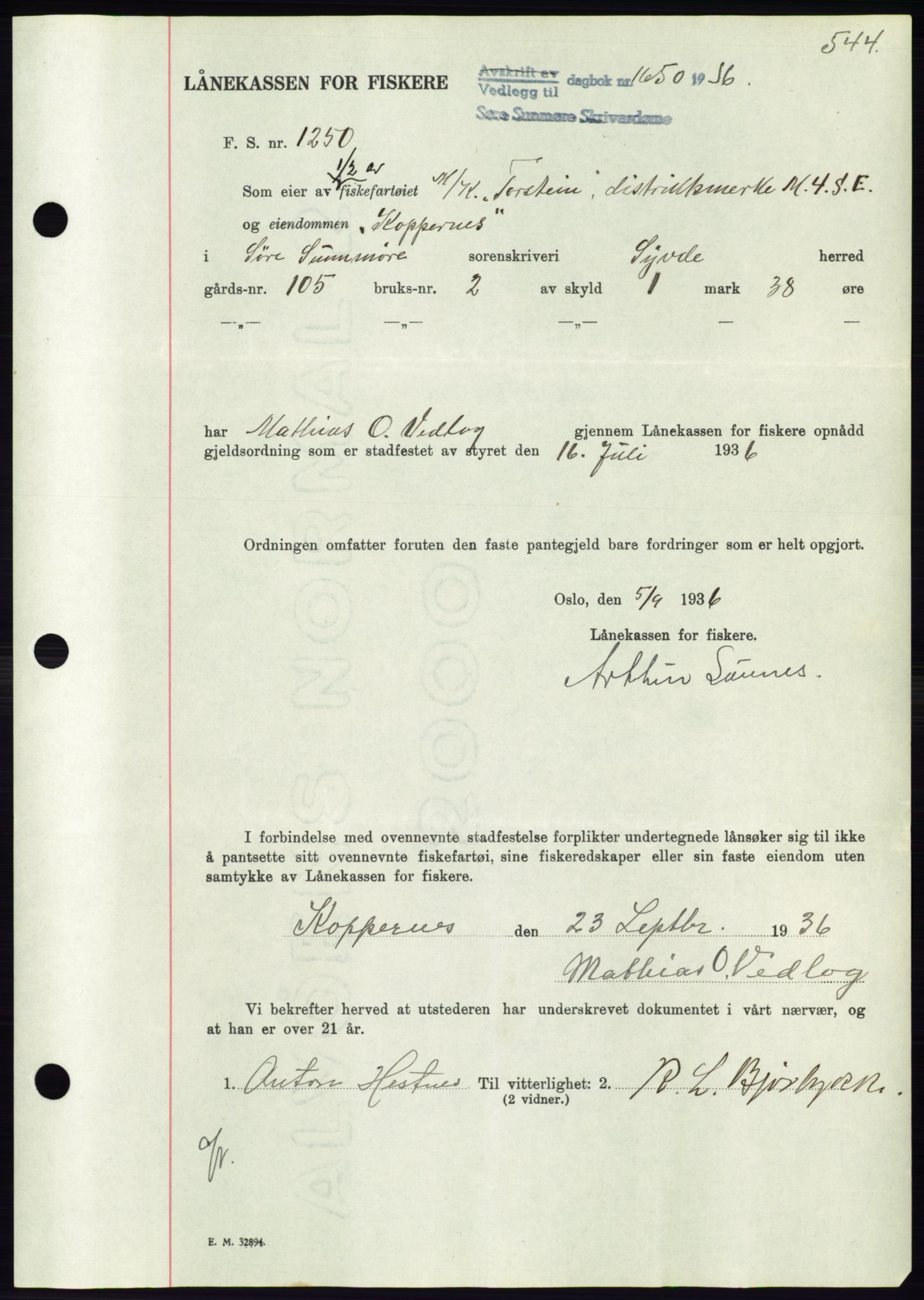 Søre Sunnmøre sorenskriveri, AV/SAT-A-4122/1/2/2C/L0061: Mortgage book no. 55, 1936-1936, Diary no: : 1650/1936