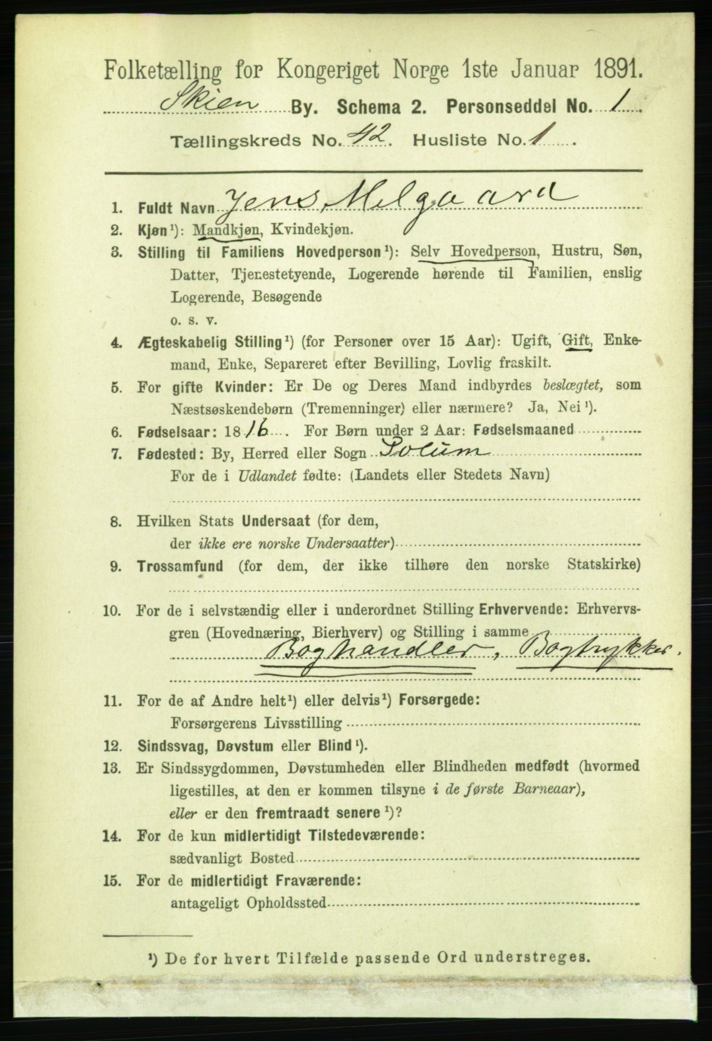 RA, 1891 census for 0806 Skien, 1891, p. 8503