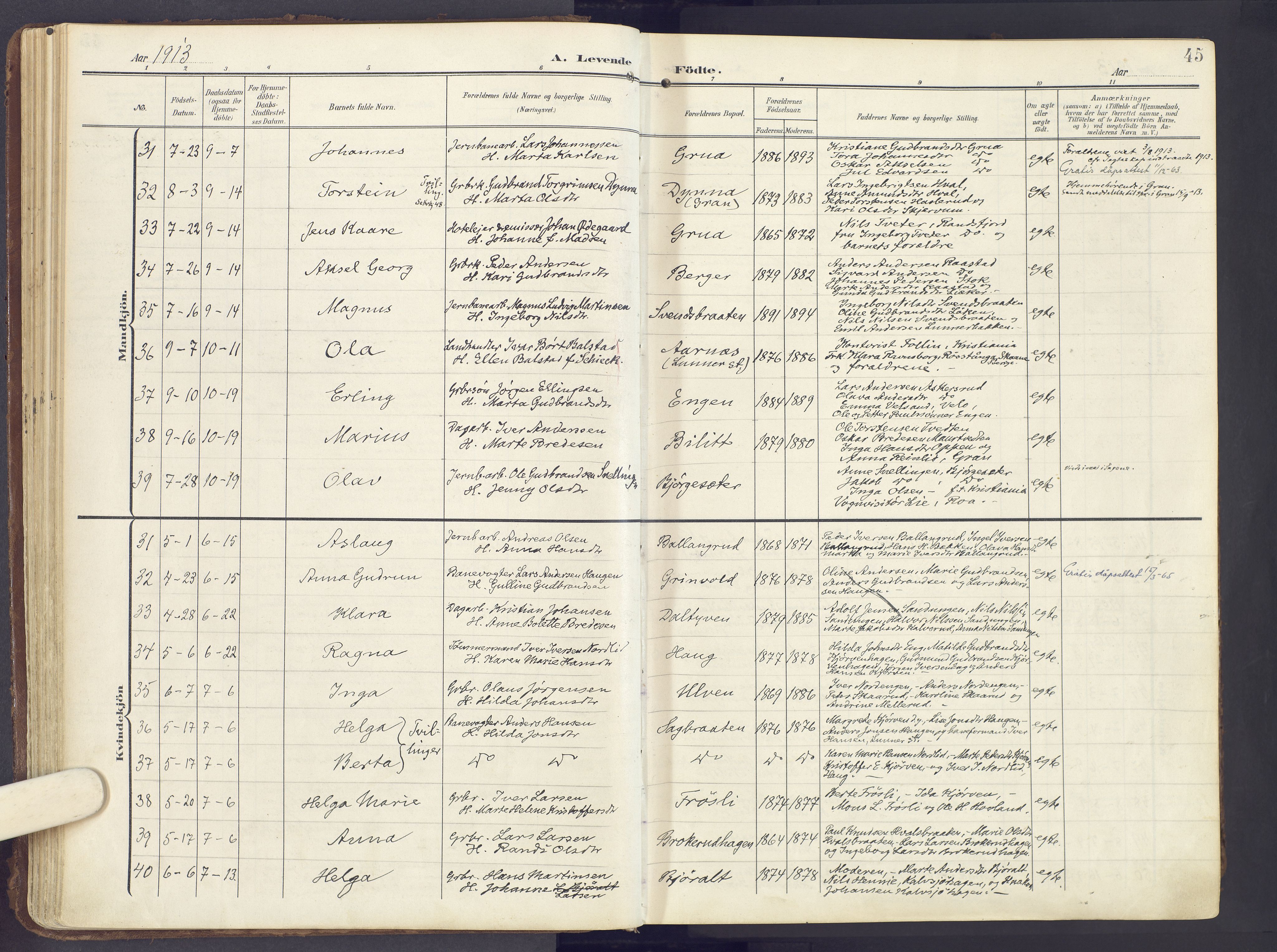 Lunner prestekontor, SAH/PREST-118/H/Ha/Haa/L0001: Parish register (official) no. 1, 1907-1922, p. 45