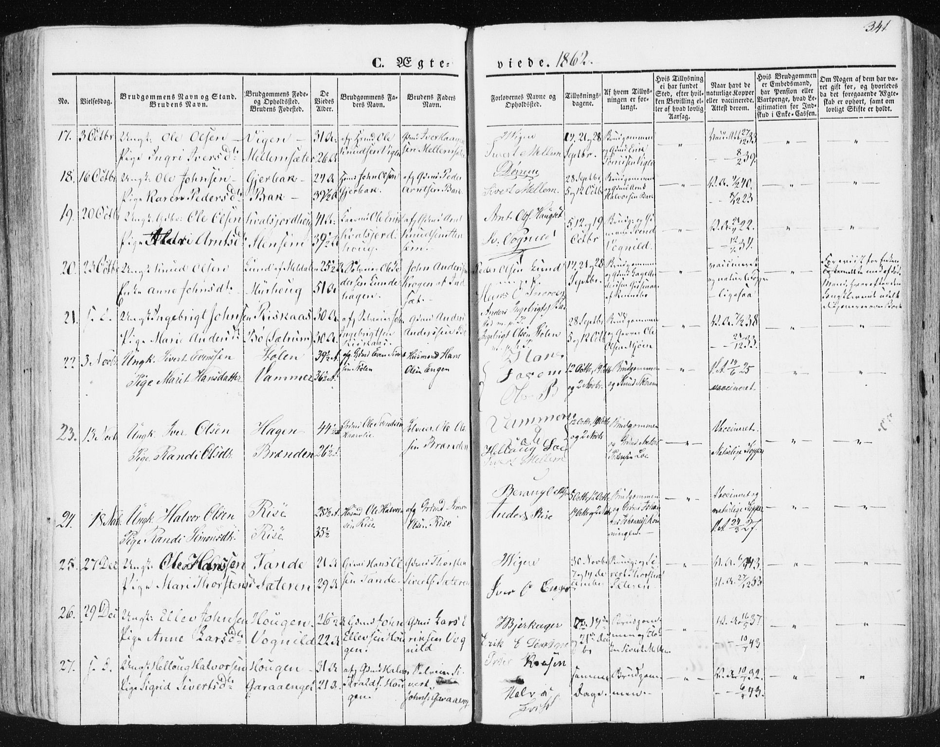 Ministerialprotokoller, klokkerbøker og fødselsregistre - Sør-Trøndelag, AV/SAT-A-1456/678/L0899: Parish register (official) no. 678A08, 1848-1872, p. 341