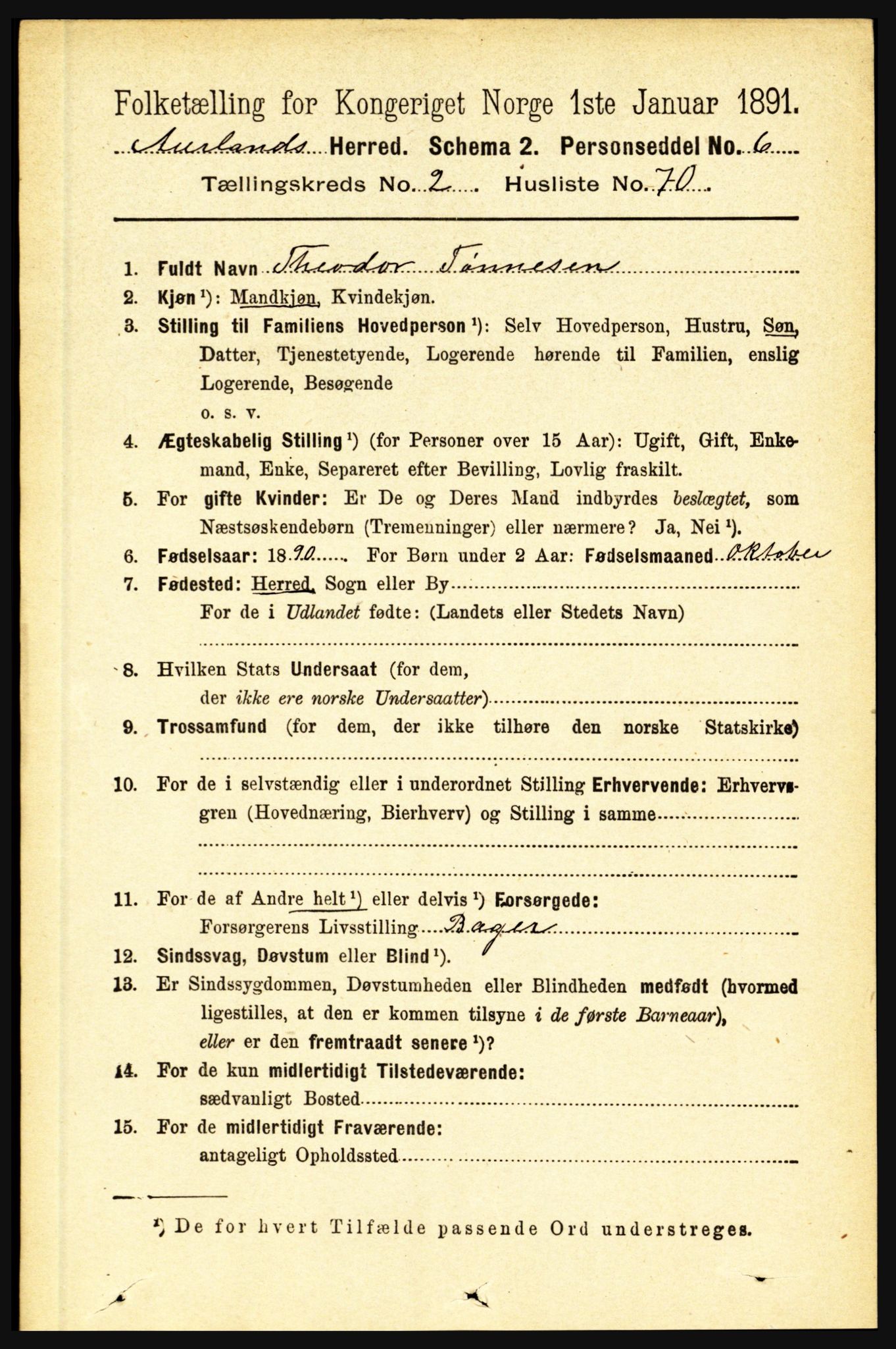 RA, 1891 census for 1421 Aurland, 1891, p. 870