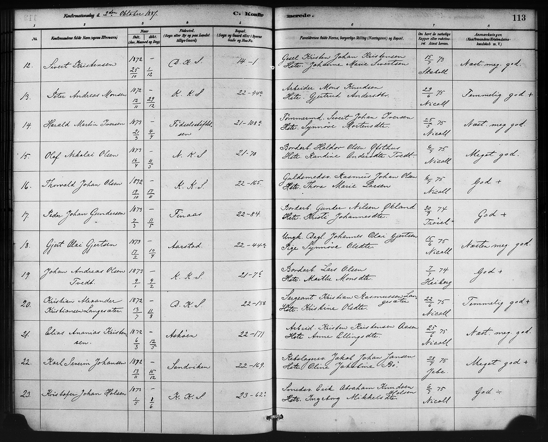 Korskirken sokneprestembete, AV/SAB-A-76101/H/Haa/L0029: Parish register (official) no. C 5, 1880-1892, p. 113