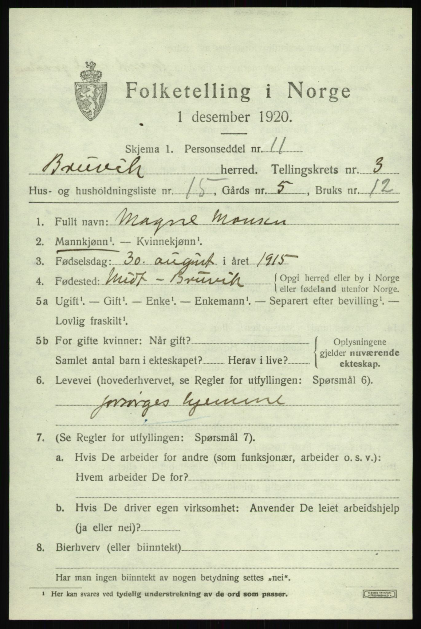 SAB, 1920 census for Bruvik, 1920, p. 1962