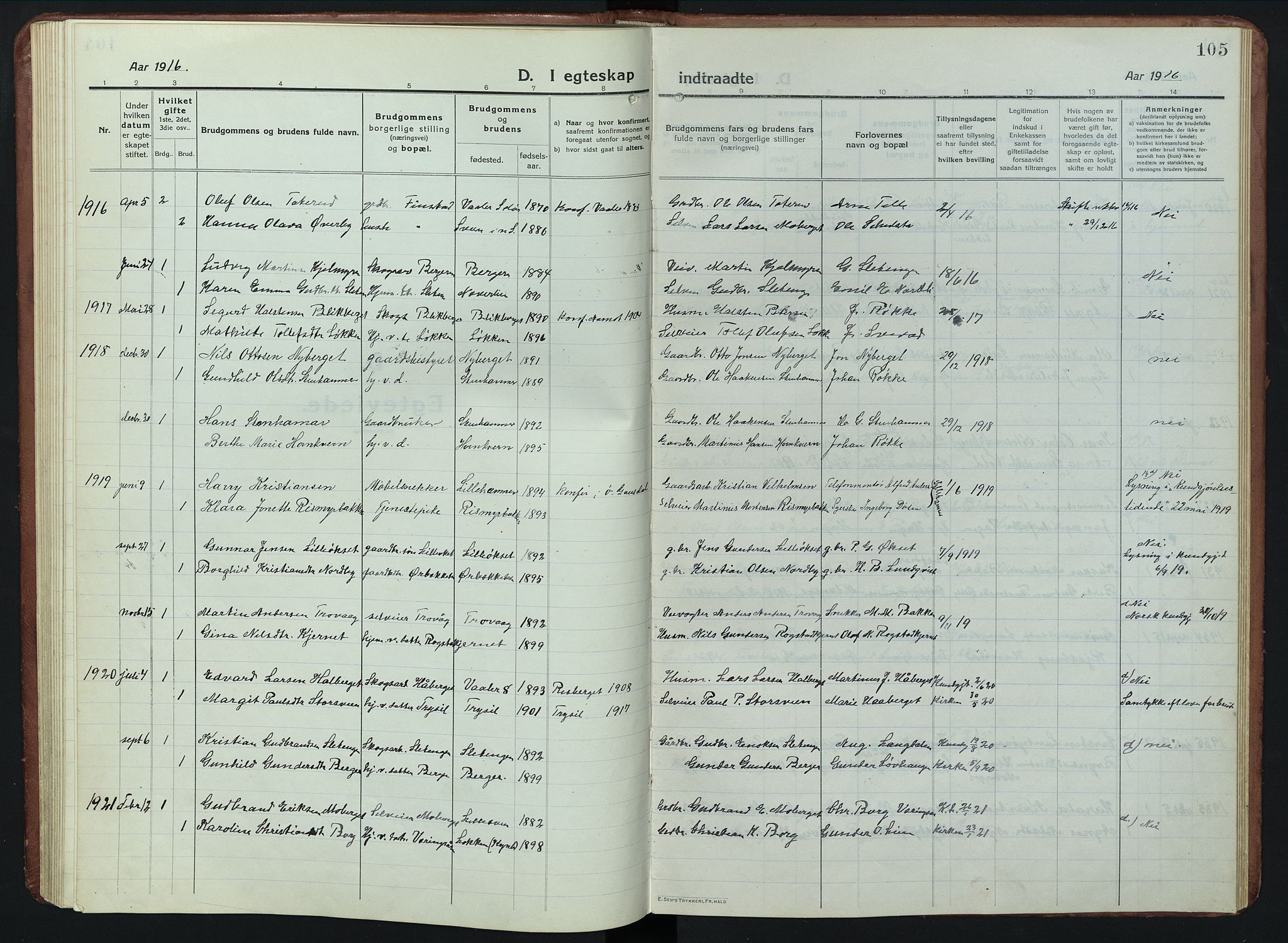 Elverum prestekontor, AV/SAH-PREST-044/H/Ha/Hab/L0011: Parish register (copy) no. 11, 1915-1947, p. 105