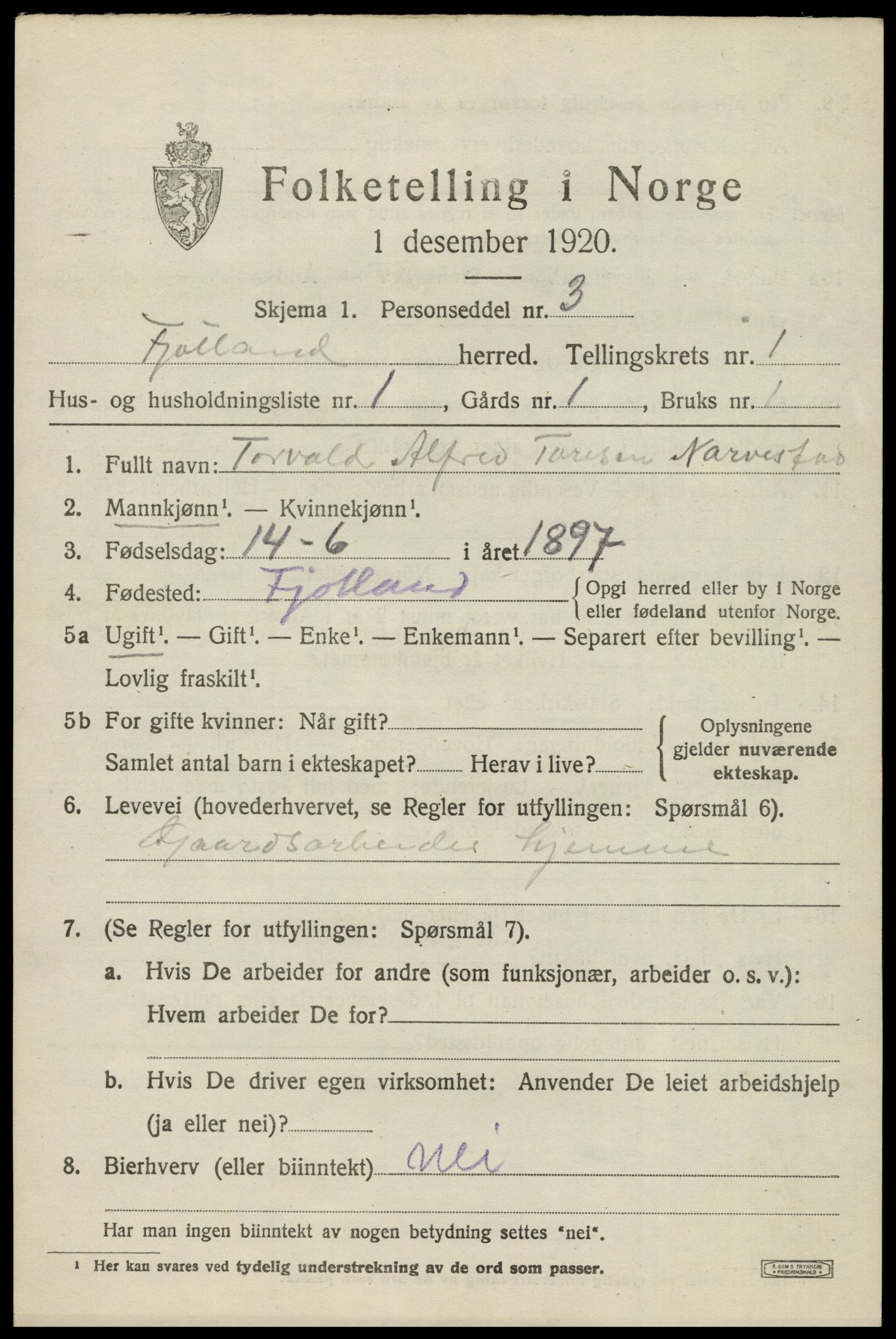 SAK, 1920 census for Fjotland, 1920, p. 428