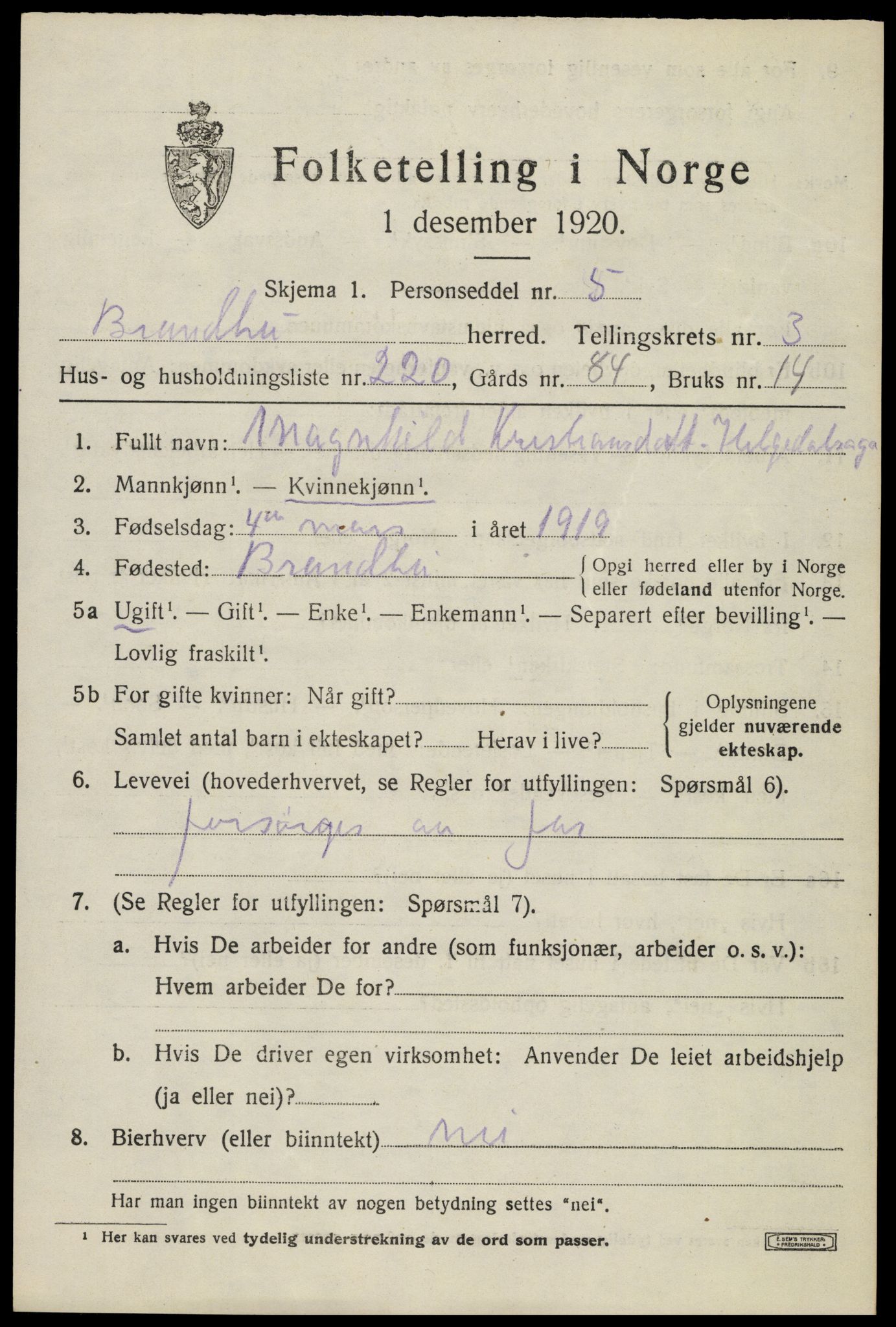 SAH, 1920 census for Brandbu, 1920, p. 10517