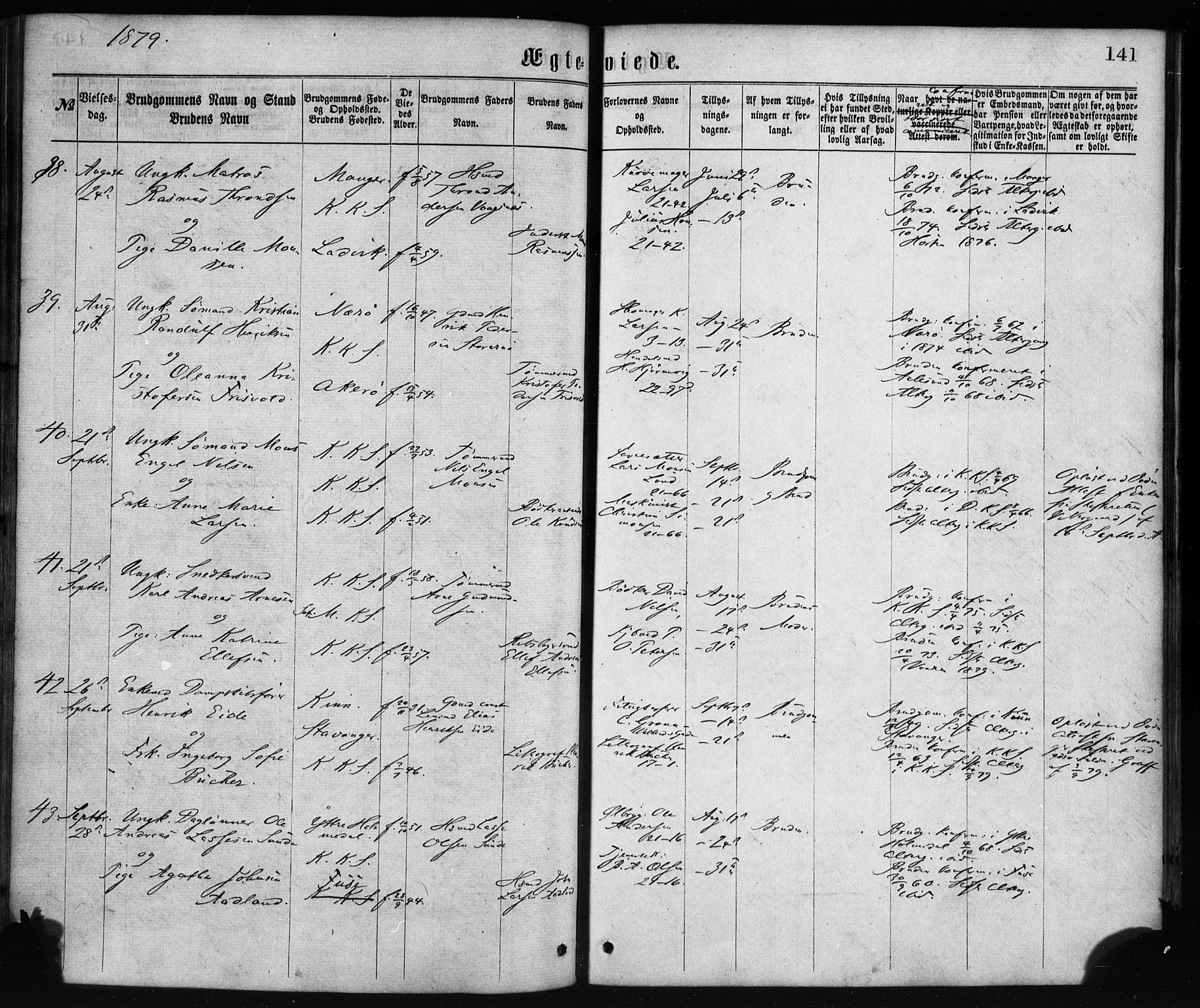 Korskirken sokneprestembete, AV/SAB-A-76101/H/Haa/L0036: Parish register (official) no. D 3, 1867-1882, p. 141