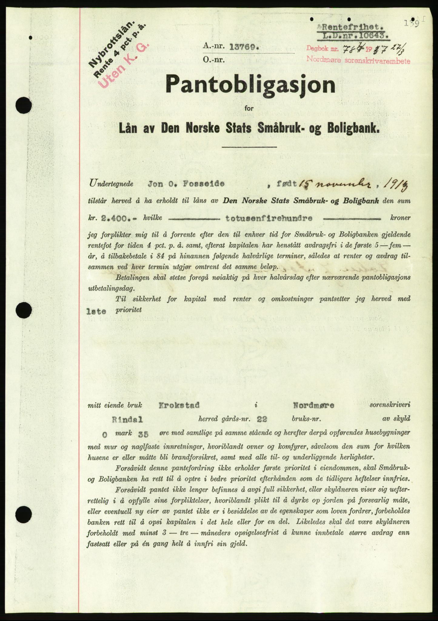 Nordmøre sorenskriveri, AV/SAT-A-4132/1/2/2Ca/L0091: Mortgage book no. B81, 1937-1937, Diary no: : 784/1937