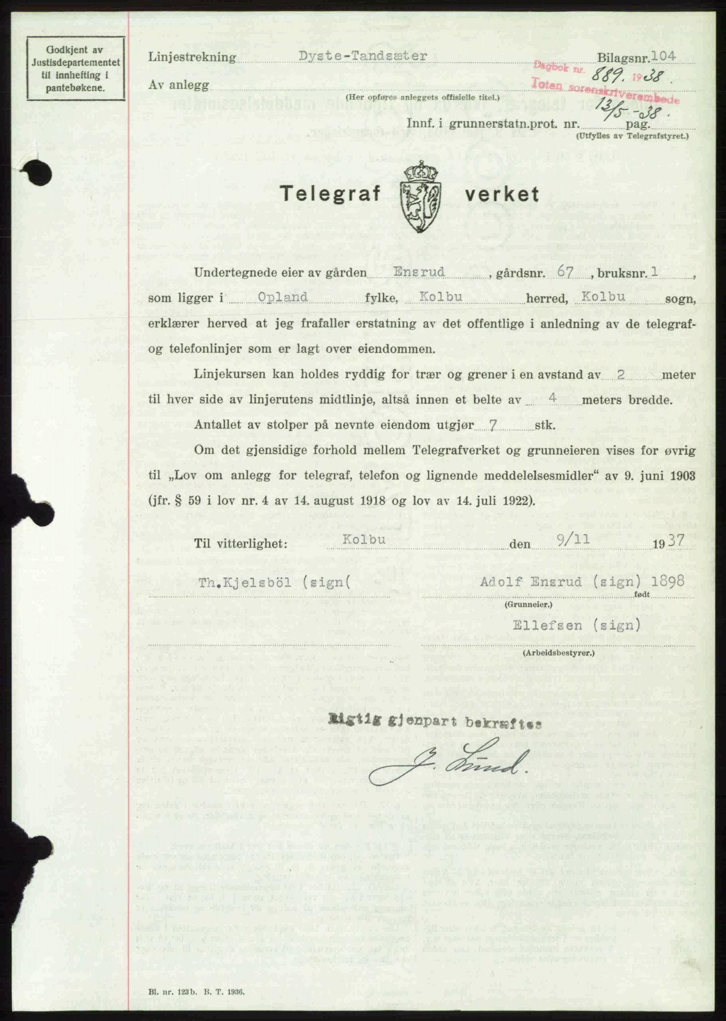 Toten tingrett, SAH/TING-006/H/Hb/Hbc/L0004: Mortgage book no. Hbc-04, 1938-1938, Diary no: : 889/1938