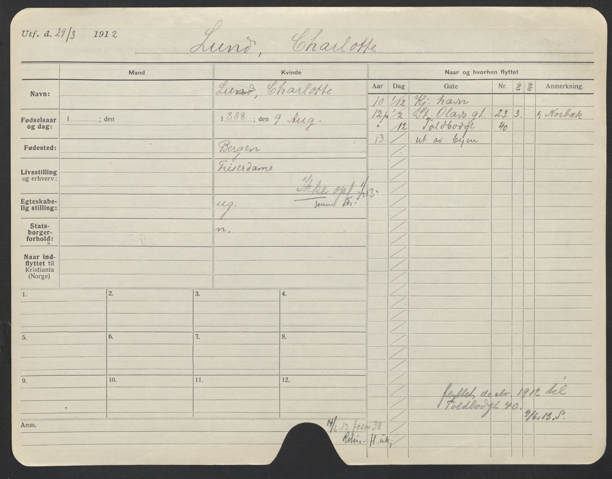 Oslo folkeregister, Registerkort, SAO/A-11715/F/Fa/Fac/L0020: Kvinner, 1906-1914, p. 251a