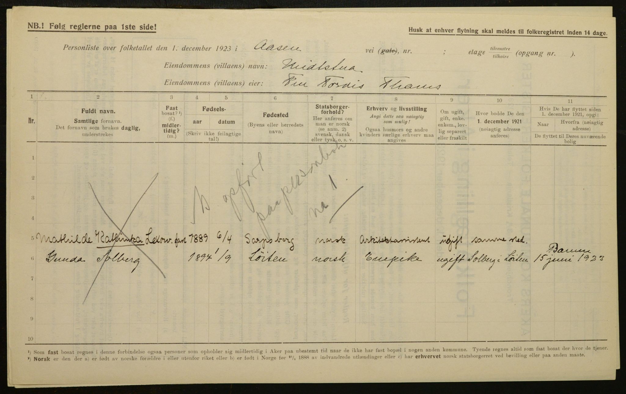 , Municipal Census 1923 for Aker, 1923, p. 81