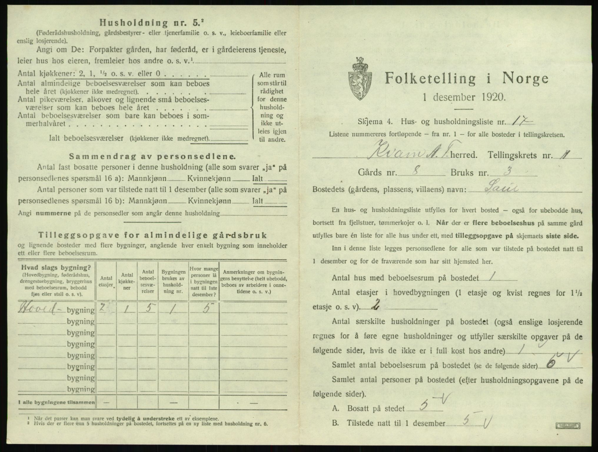 SAT, 1920 census for Kvam, 1920, p. 485