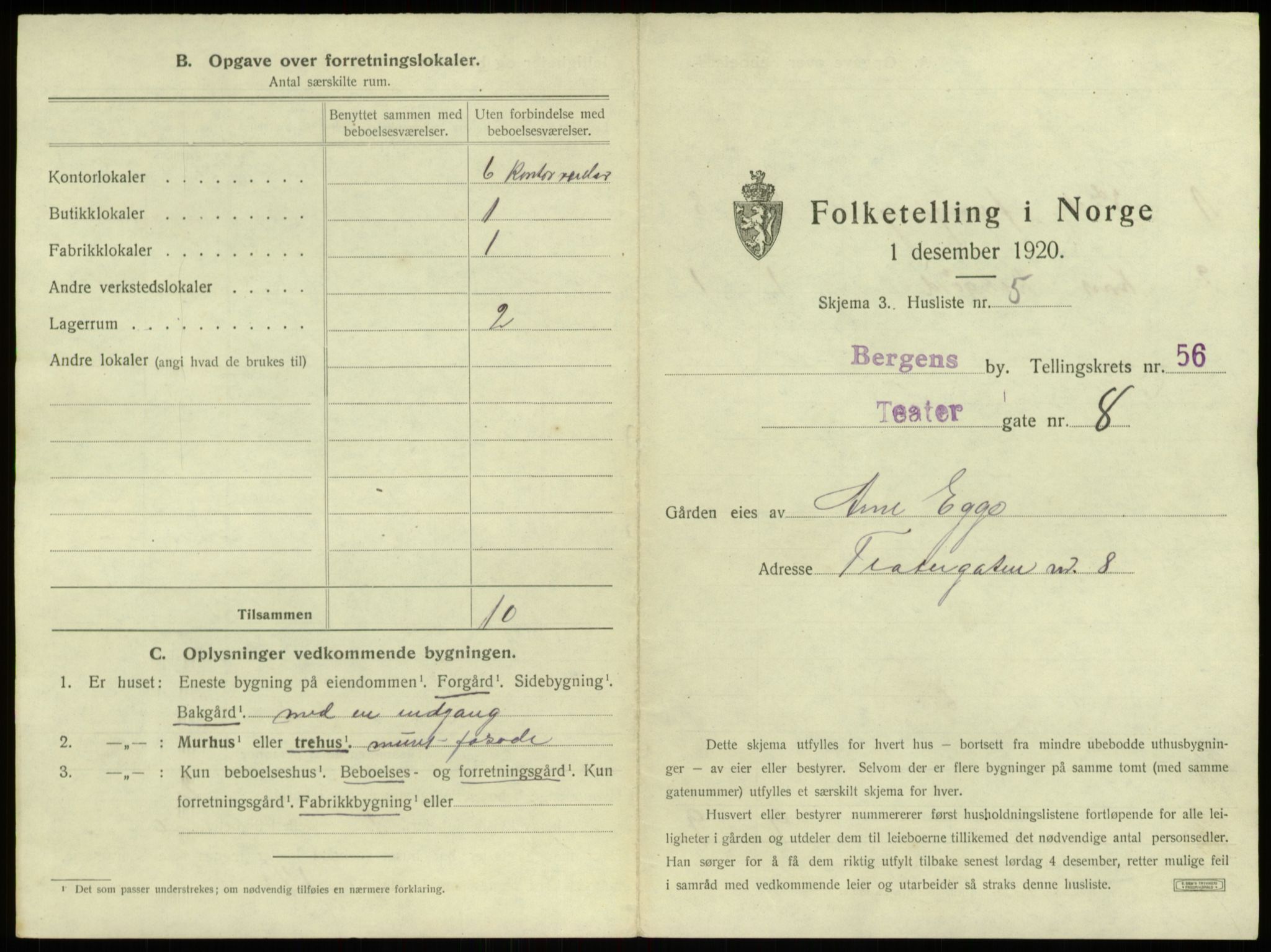 SAB, 1920 census for Bergen, 1920, p. 5186